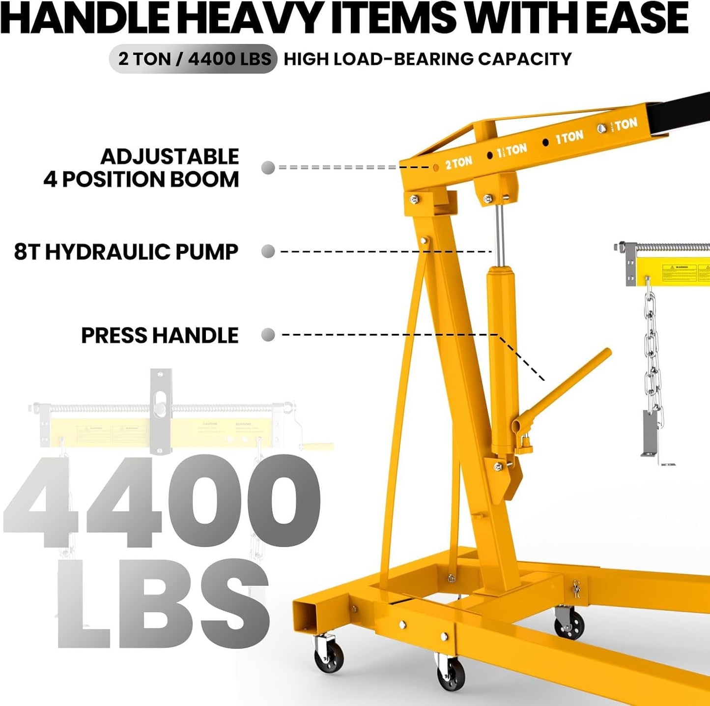 2-Ton Folding Hydraulic Engine Hoist with Lever, Heavy-Duty Engine Crane Cherry Picker with 6 Casters, Shop Lift for Garage, Workshop & Warehouse, Yellow