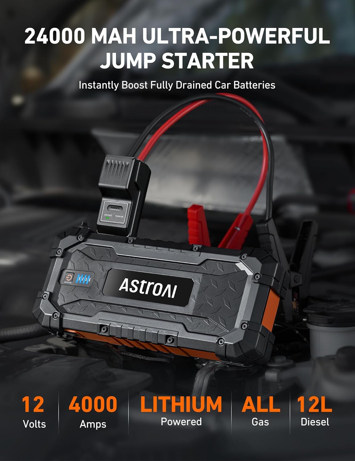 AstroAI S8 Ultra 4000A Jump Starter, 24000mAh Car Starter(All Gas, Up to 12L Diesel Engine), 12V Auto Battery Booster Pack, Jump Box with USB Quick Charge and DC/Type C Port, LED Light, Jumper Cable