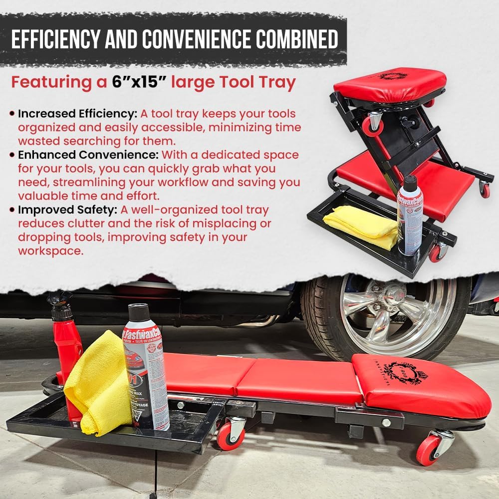 40" Mechanics Creeper Z fold with Side Tool Tray, 3 in 1 Low Profile,7pc-2.5" (360°) Swivel castors, Heavy Duty 450lb Laying Capacity 300lbs Seated, Home and Garage,