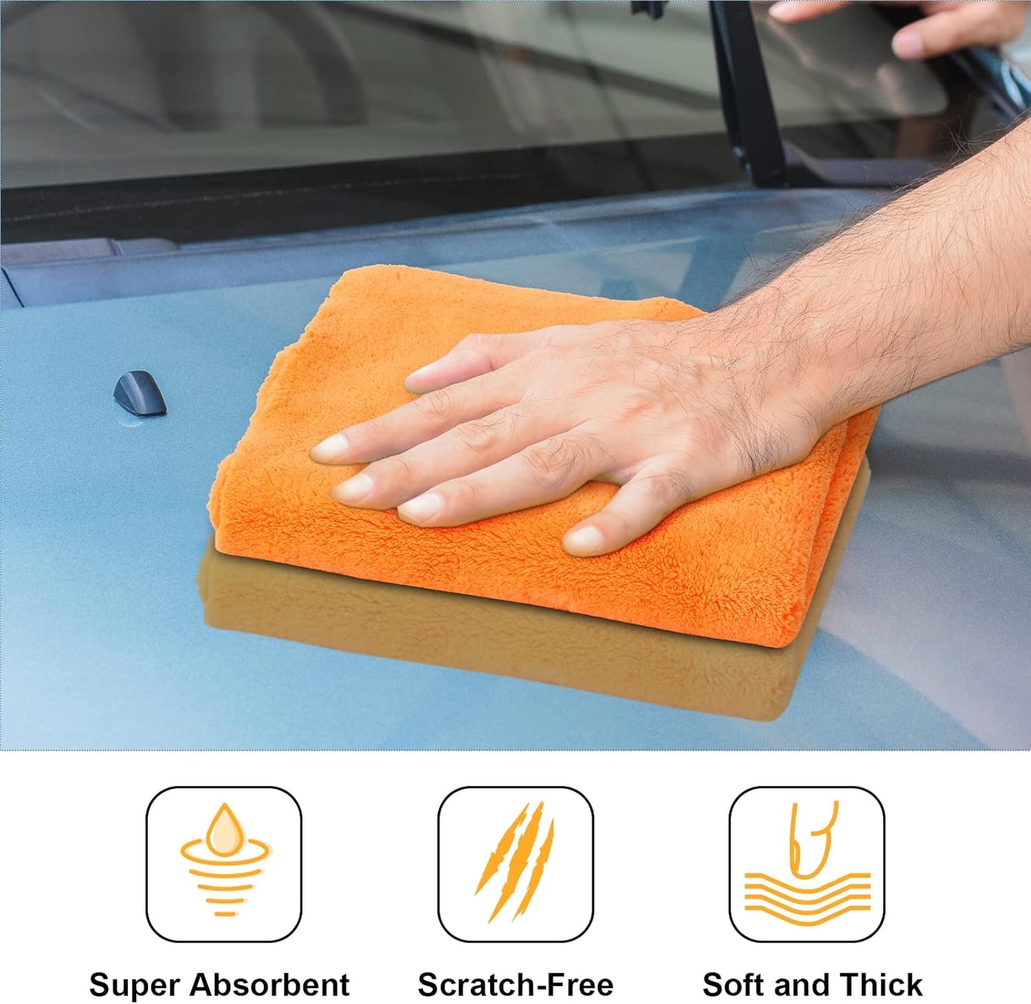 Shimeyao 30 Pcs Edgeless Microfiber Plush Towels for Cars Detailing Drying Wash Polishing Absorbent Cleaning Cloths, 500 GSM, 16 x 16 Inch(Orange)