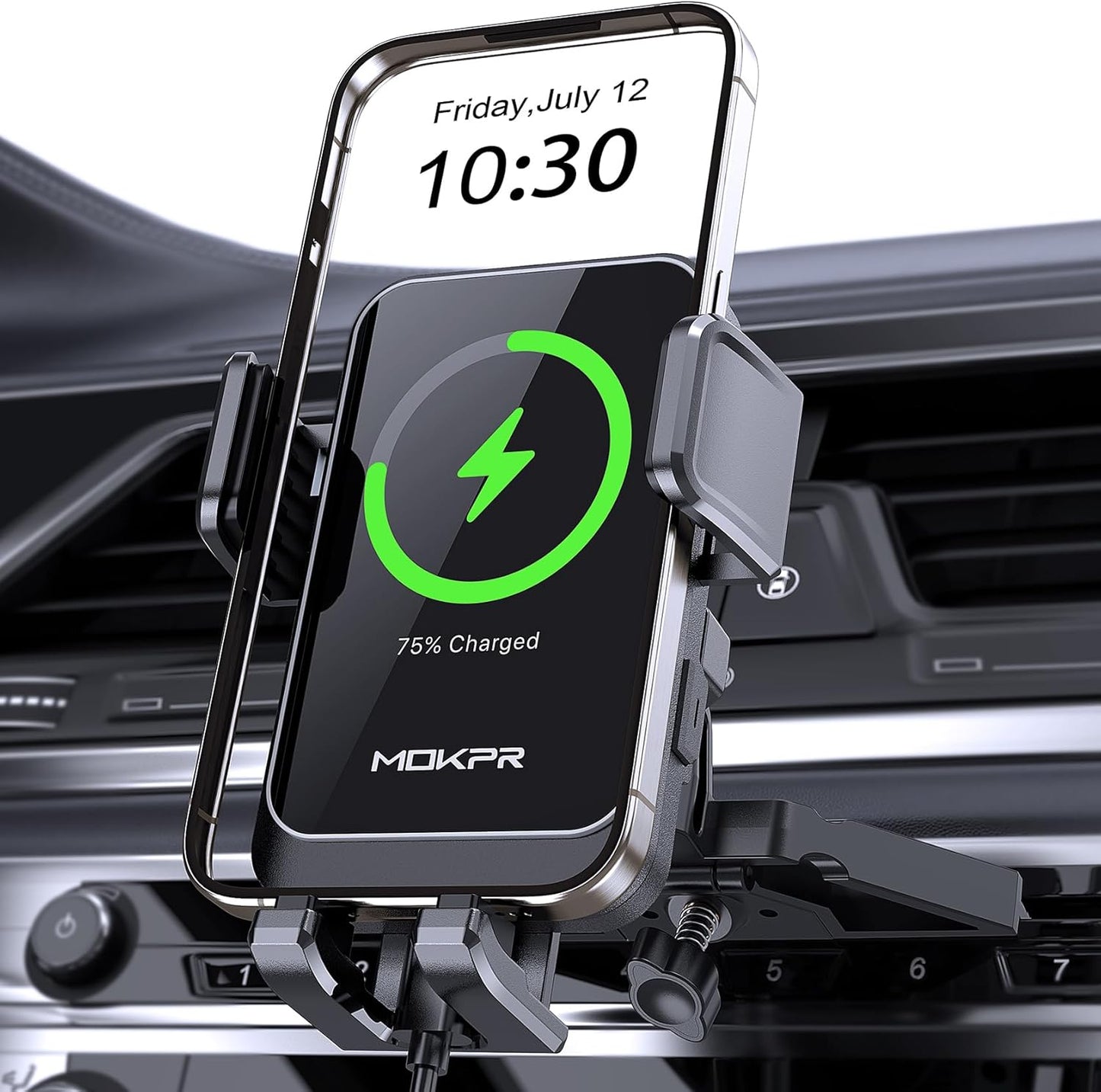 Wireless Car Charger, MOKPR 15W Fast Charging Auto Clamping CD Slot Air Vent Car Phone Holder with LED Light Car Charger for iPhone 16/15/14/13/12 Pro Max Plus, Samsung S23/S22/S21,etc