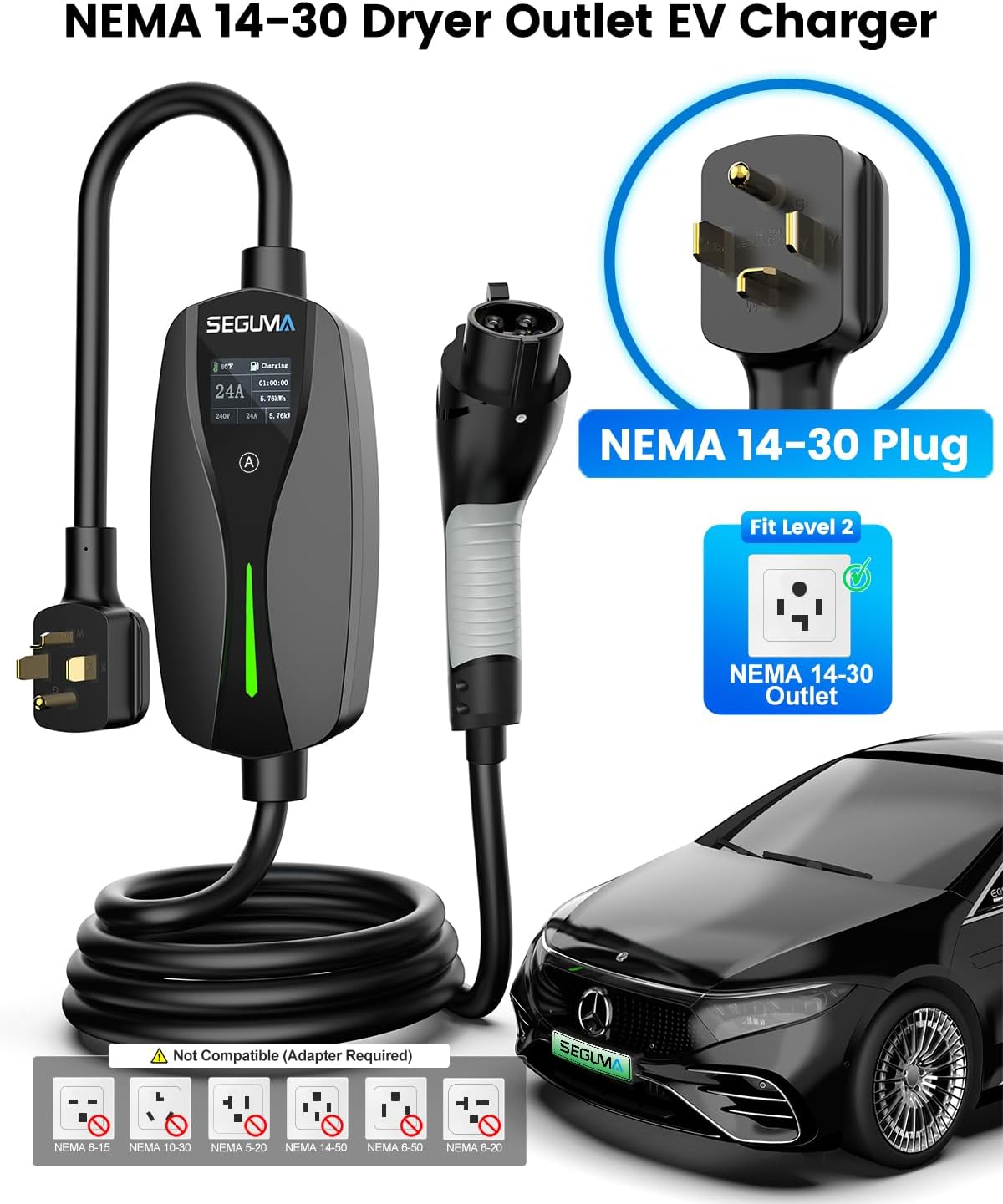 NEMA 14-30 Level 2 EV Charger, Electric Vehicle Portable Charger with 24A 240V 25FT Cable, Adjustable Current (10-24A), Home MobileEV Charging Station with 4-Prong Dryer Plug for J1772 Electric Cars