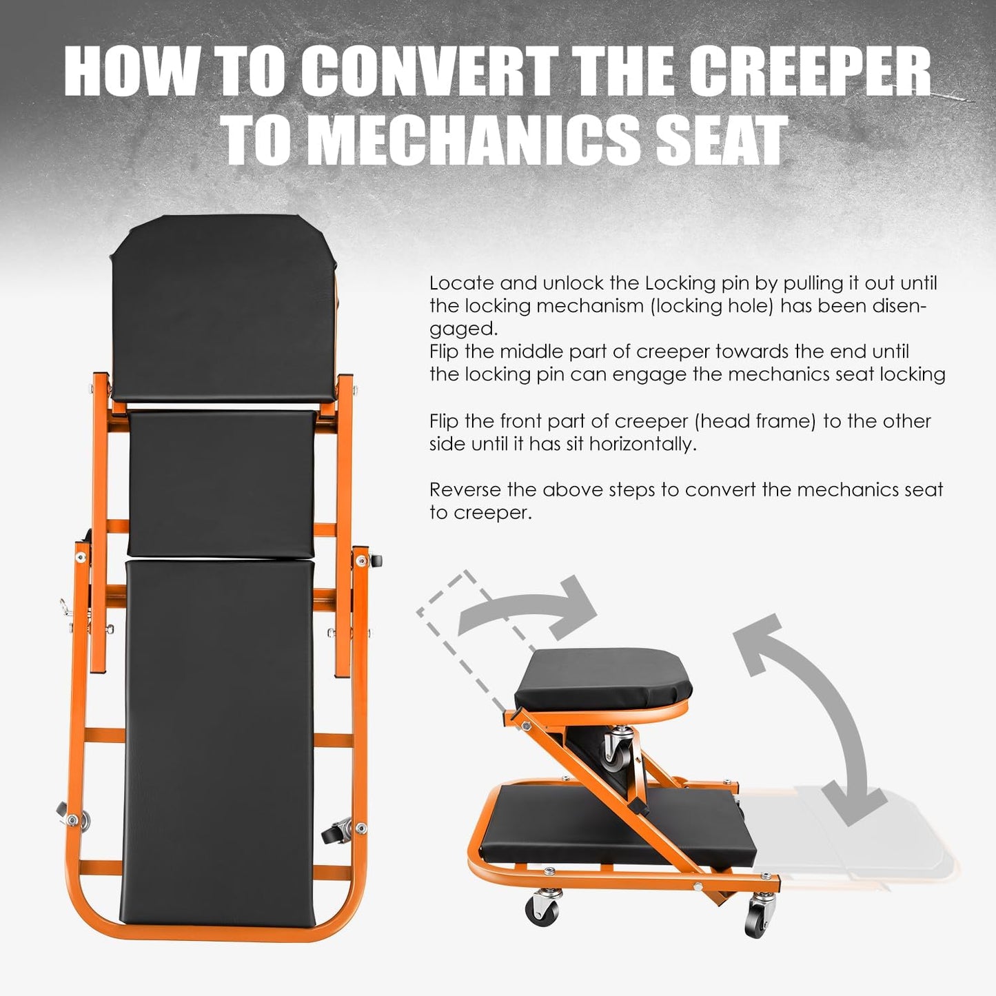 DNA MOTORING 40 Inches Folding 2 in 1 Rolling Z Creeper, Adjustable Roller Garage Chair Lay Down or Sit, 6 Pcs 2" Casters, 150kg Weight Capacity, Orange, TOOLS-00187-OG