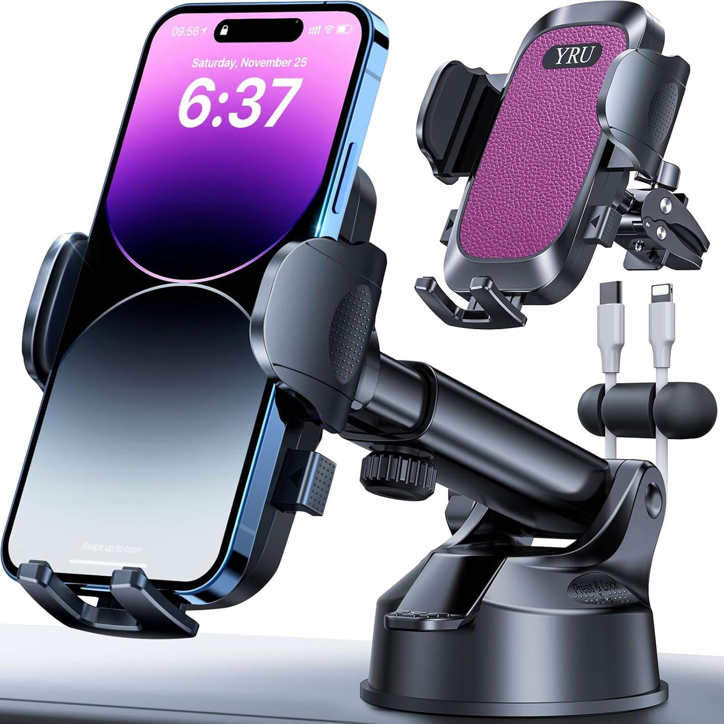 [2025 Upgrade Extreme Strong Suction] YRU Car Phone Holder Mount,[Bumpy Road Stable]Dashboard Cell Phone Holder for Car Vent Windshield Phone Stand for iPhone 16 15 14 13 Pro Max Samsung Truck, Purple