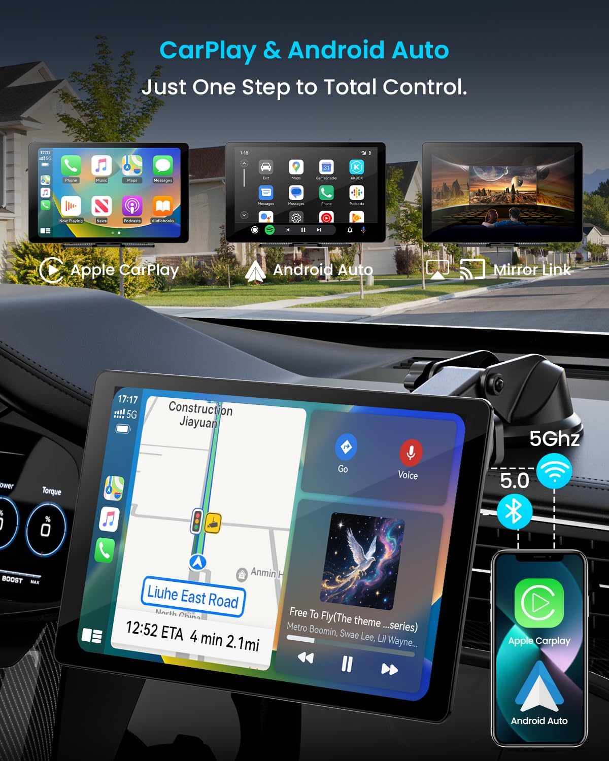 11" Extra Large Wireless Apple CarPlay Screen for Car – Ultra-Slim 0.16 Inch Touchscreen Car Stereo with Android Auto, 4K Dash Cam, 1080p Backup Camera, GPS, Mirror Link, Voice Control