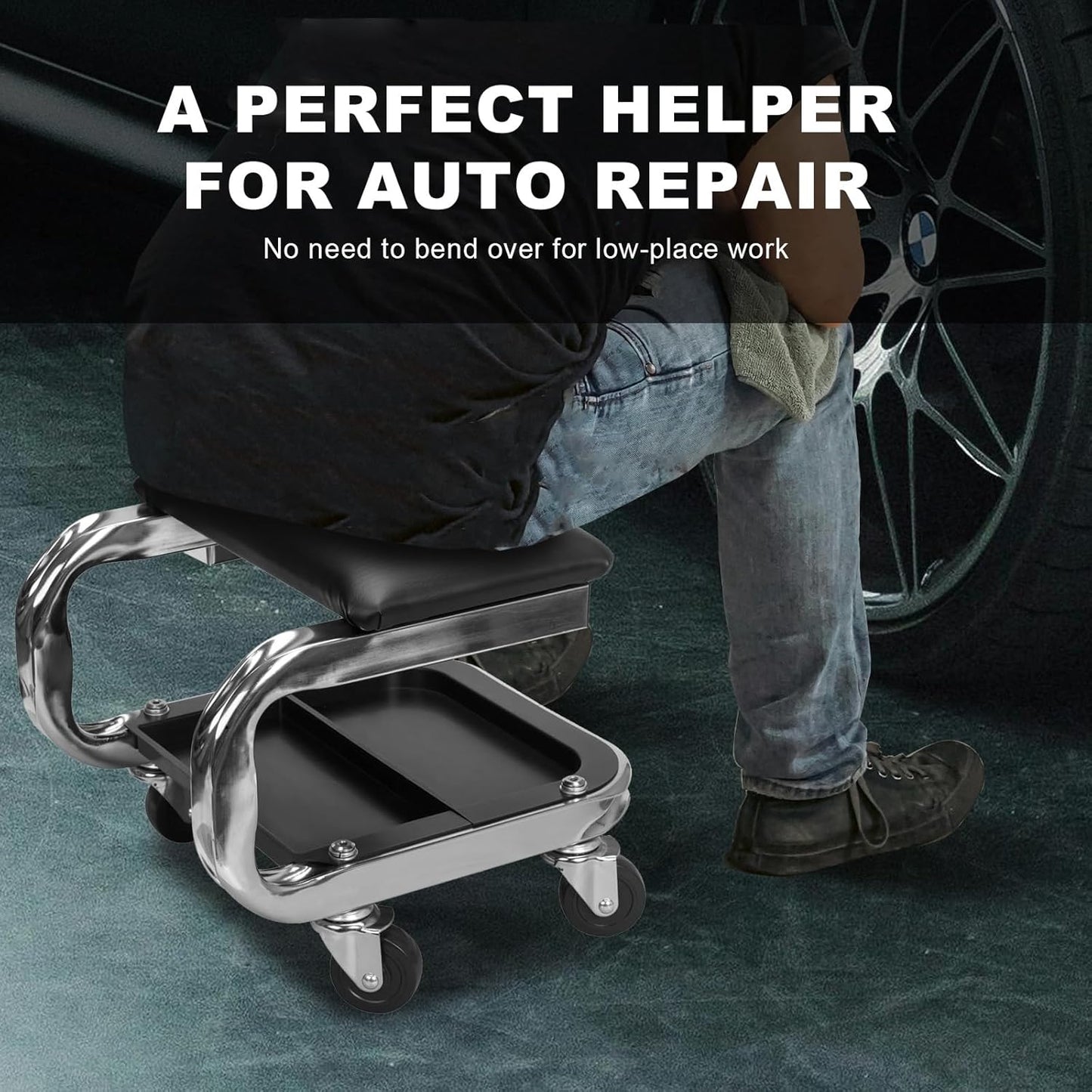 Torin AR7451B Heavy Duty Rolling Creeper Garage/Shop Seat: Padded Mechanic Stool with Tool Tray Storage and Cup Holder, Black