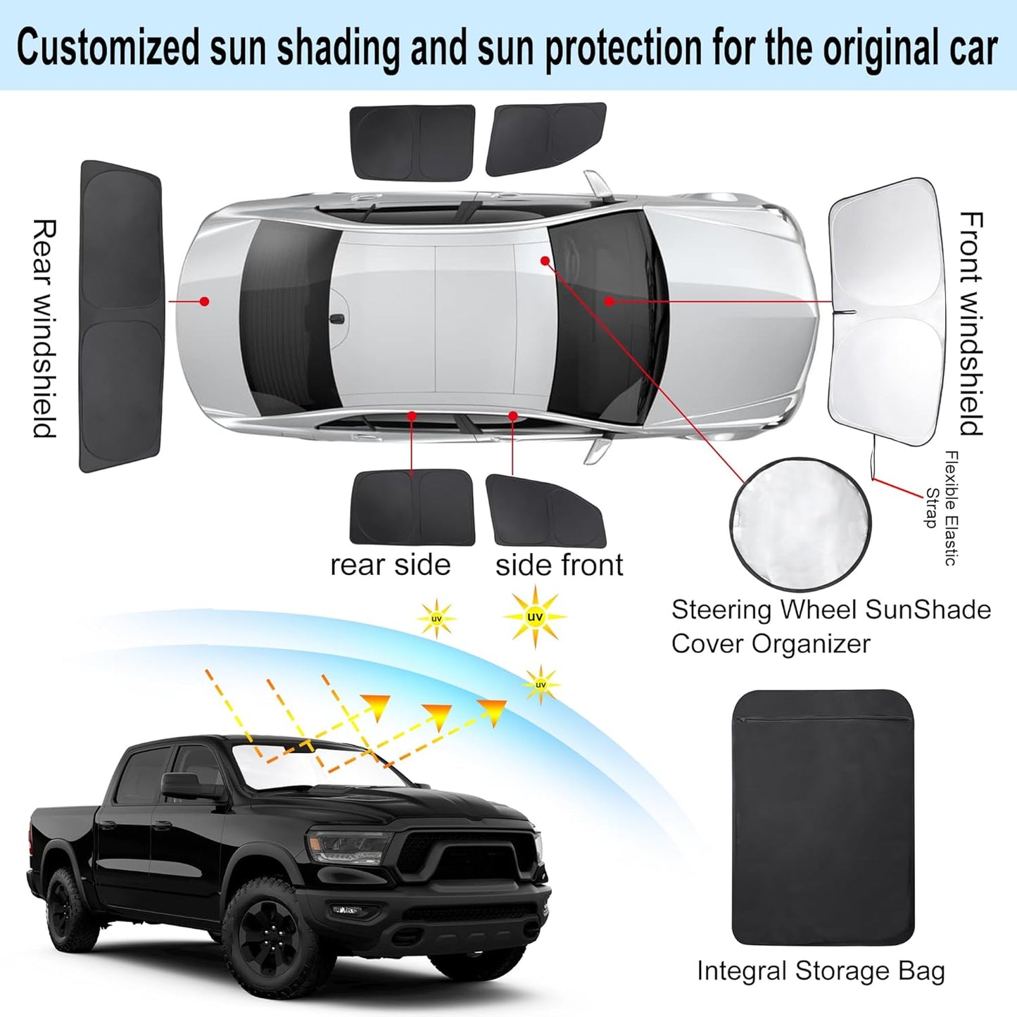 TINGLU Window Shades for Dodge RAM 1500 2019-2025 CrewCab,MegaCab Pickup,2Dr RegularCab,4Dr QuadCab Accessories Car Side Full Windows Windshield Sun Shade Camping Sun UV Rays Privacy Protection 6PCS