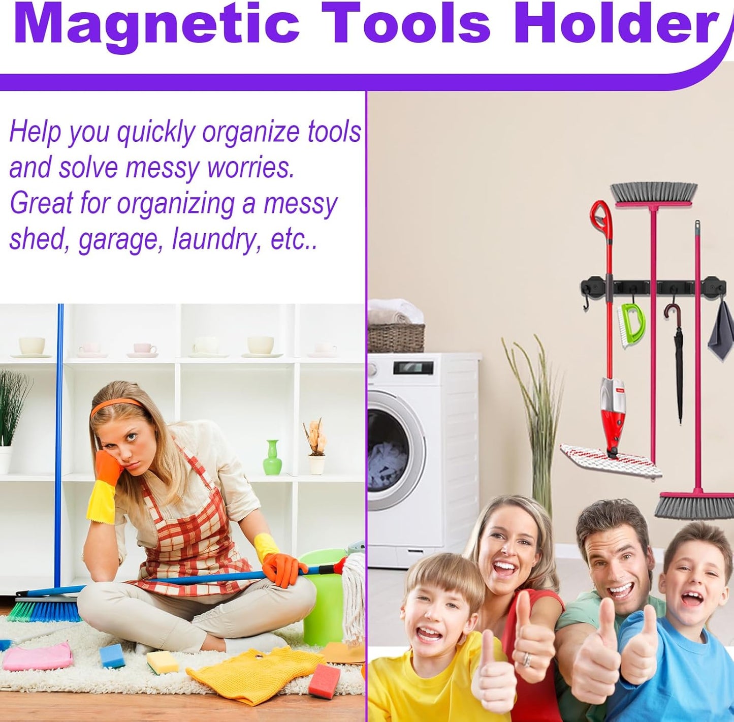 Magnetic Mop Broom Holder, Heavy Duty Magnetic Mop Hanger with Swivel Hooks for Cleaning Tools, Strong Magnet Mount Tool Hanger Organize System Utility Rack for Refrigerators Laundry Garage Kitchen