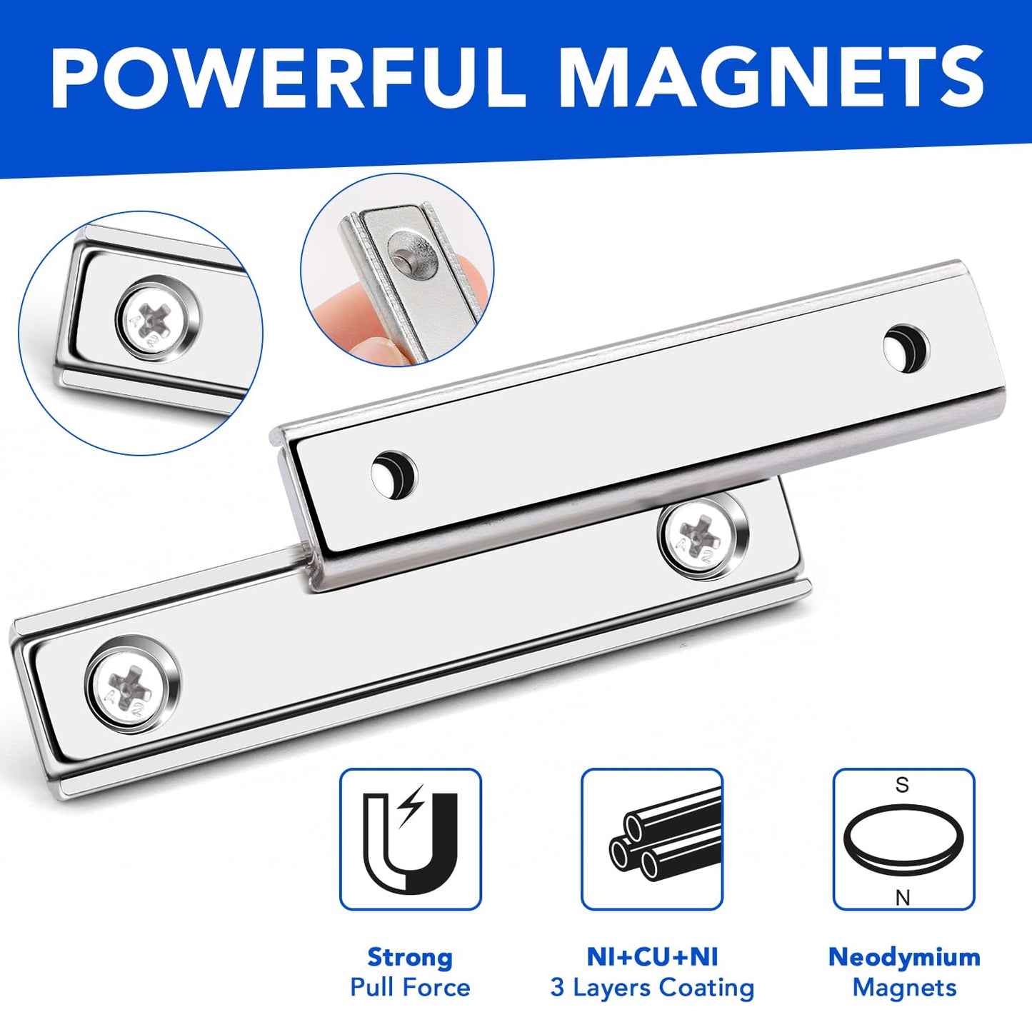 MIKEDE Strong Magnets Bar, 70LB Neodymium Rare Earth Magnet Heavy Duty, 12 Pack Rectangular Magnet with Countersunk Hole and Steel Capsule, Mounting Strips for Home, Garage - 60x13.5x5mm