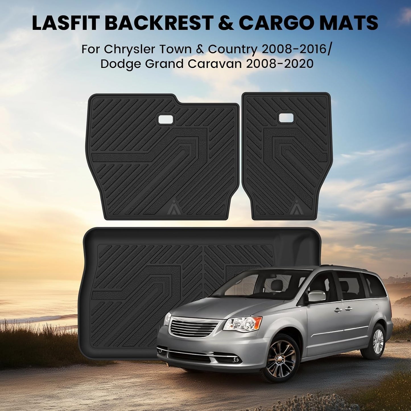 LASFIT Backrest&Trunk Mats Fit for Chrysler Town & Country 2008-2016/Dodge Grand Caravan 2008-2020, All Weather TPE Fit Cargo Liner for Chrysler Town & Country & Dodge Grand Caravan Car Mats, Black