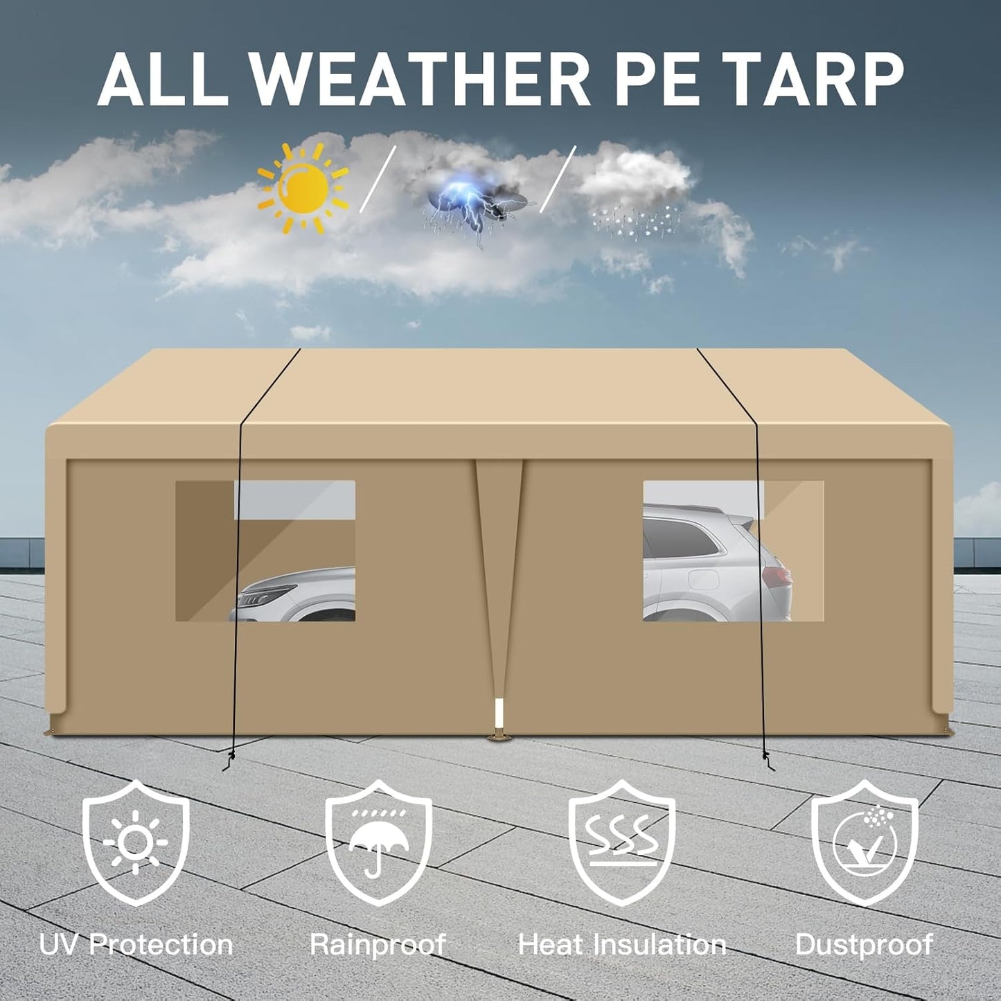Car Canopy Portable Garage Duty Carport with Roll-up Windows,Portable Garage with Removable Sidewalls & Doors, Car Canopy with All-Season Tarp for Car Boat Truck Motorcycle 10FT×20FT (Khaki)