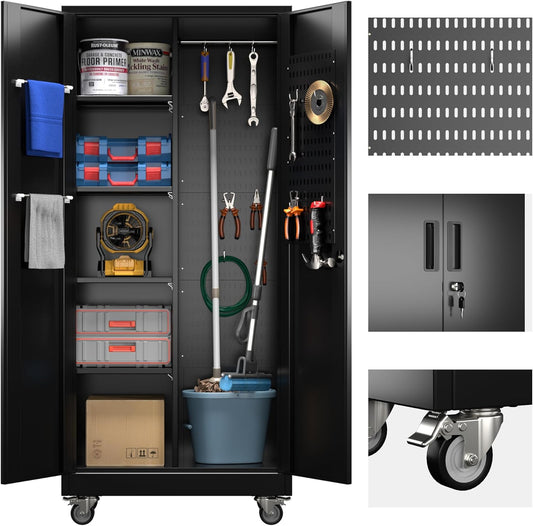 Garage Storage Cabinet with Wheels and 5 Pegboard, 71" H Metal Storage Cabinets with 2 Locking Doors and 4 Shelves, Broom Closet Storage Cabinet with Hanging Rod and 13 Hooks, Black