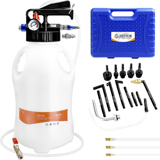 JIFETOR Transmission Fluid Pump Pneumatic Extractor and Dispenser Tool Kit, 10L ATF Fill and Evacuator Oil Can Set with 15PCS ATF Adapters 3PCS 1M Hose for Gear Oil Garage and Shop Fluid Transfer