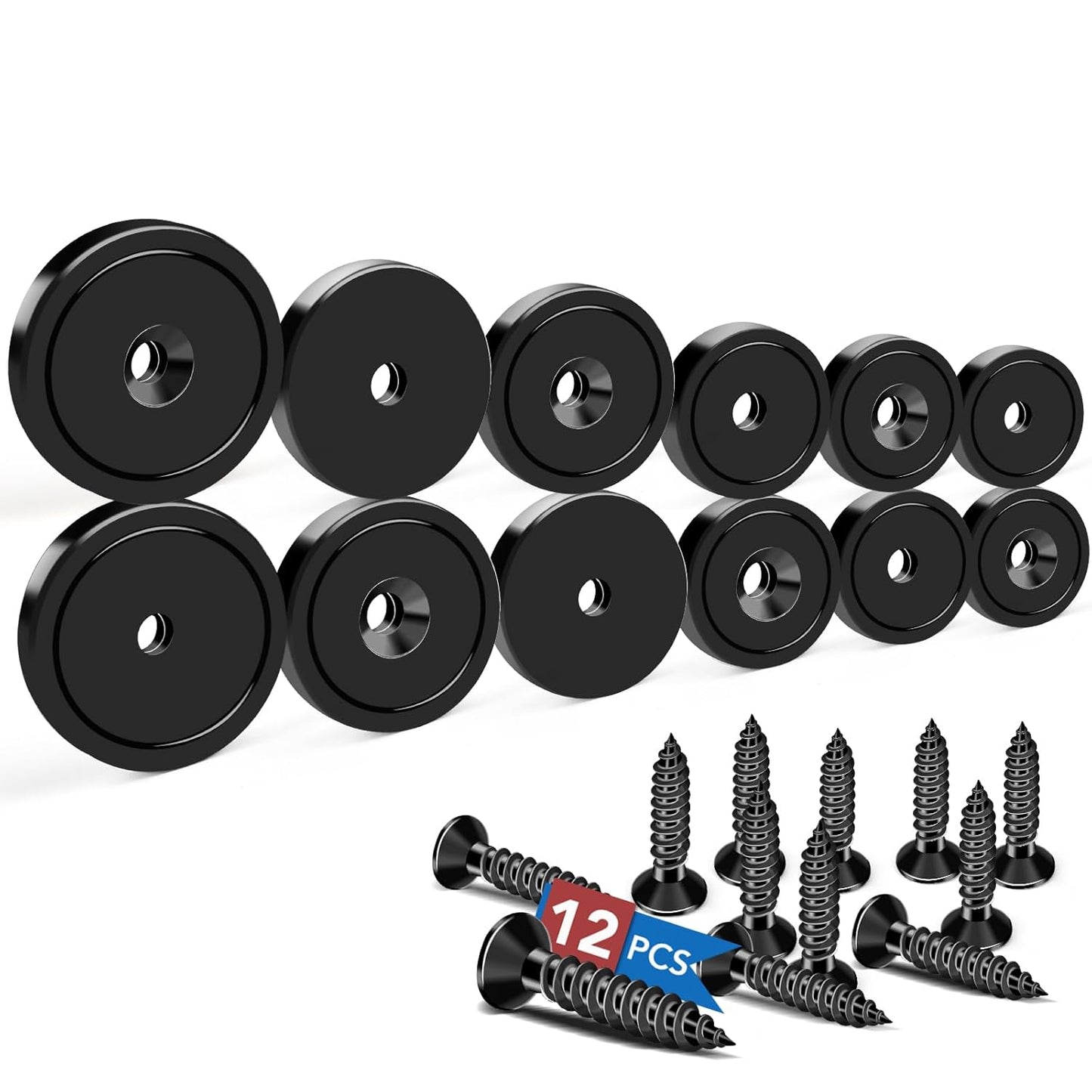 LOVIMAG Strong Neodymium Cup Magnets, 3 Sizes, 12Pcs Black Heavy Duty with Countersunk Hole and Screw for Wall Mounting, Holding Tools, Lifting, Fridge, Cabinet