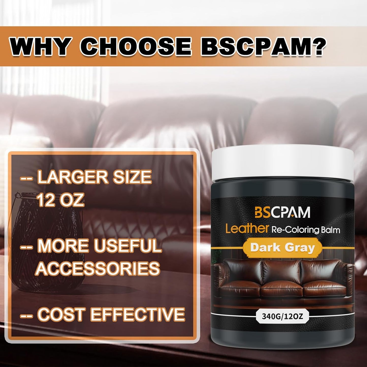 Dark Gray Leather Recoloring Balm, 12oz Leather Color Restorer for Couches, Leather Repair Kit for Furniture, Leather Dye for Leather Fade, Leather Repair Restore car seat