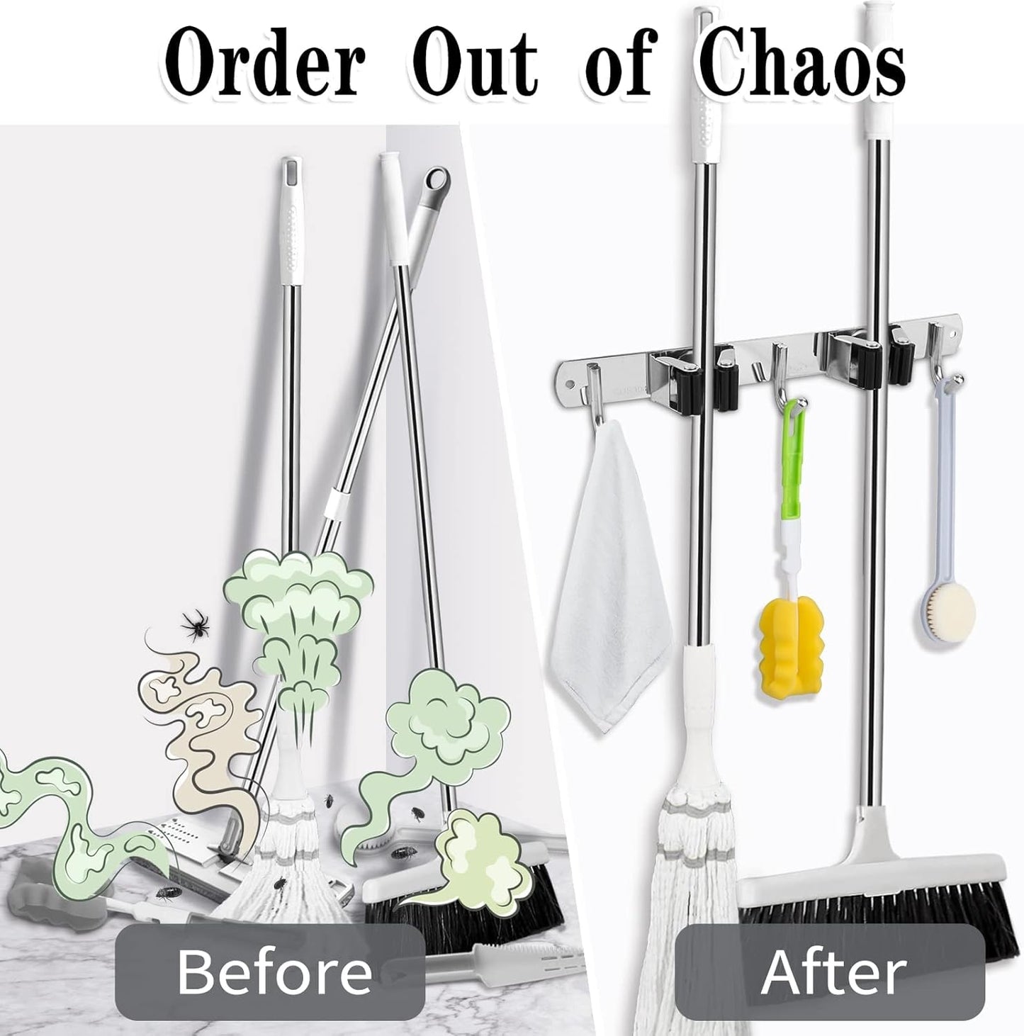 2 Racks and 3 Hooks Broom and Mop Holder Wall Mounted Garage Organizer Storage Tool Racks Stainless Steel Heavy Duty Hooks Self Adhesive Solid Non-slip Wall Hangers for Home Kitchen Garden Laundry