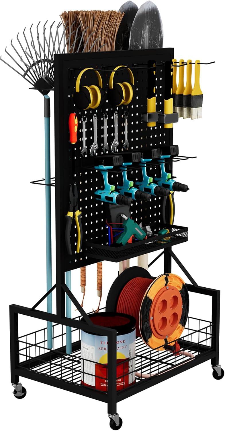 All-in-One Garage Storage Cart with Locking Wheels – Heavy-Duty Tool Organizer with Rack, Pegboard & Hooks & Accessories – Ideal for Garage, Garden, Yard – Utility Cart with Versatile Storage