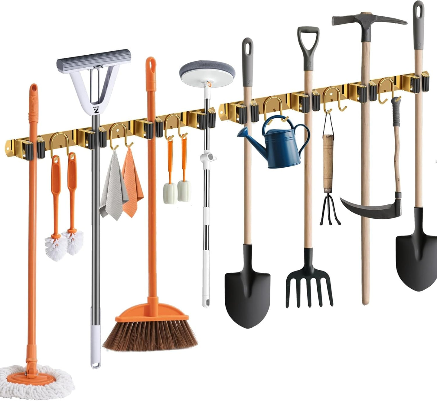 Mop Broom Holder Wall Mount, 2 Packs Gold Stainless Steel Tool Storage Organizer for Kitchen Garden Garage Laundry Room Bathroom and RV with 4 Slots 6 Hooks