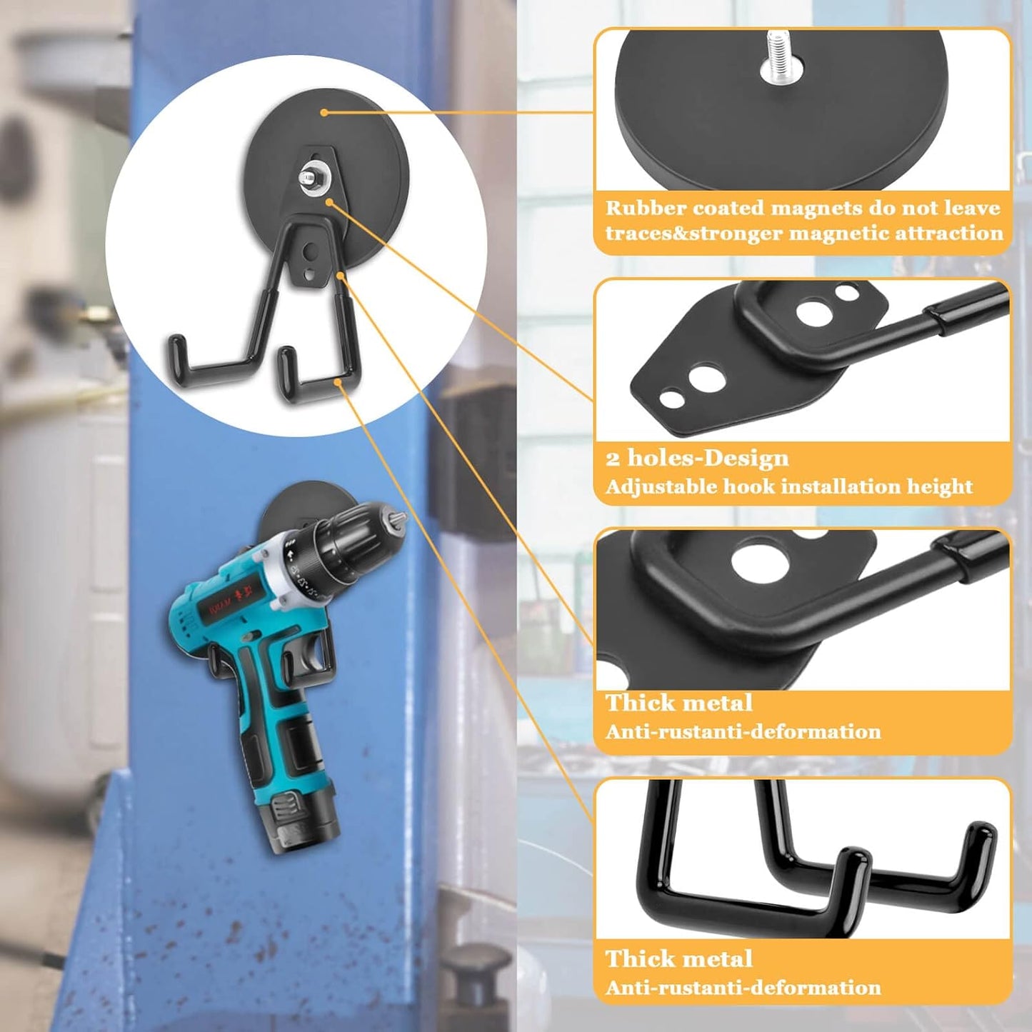 Magnetic Hooks Heavy Duty, 45 lbs Pulling 3.46" Strong Magnetic Hooks with Anti-Slip Coating, 2 Pcs Industrial Strength Utility Magnet Hooks, for Cordless Drills Hanging, Metal Cabinets, Tool Pegboard