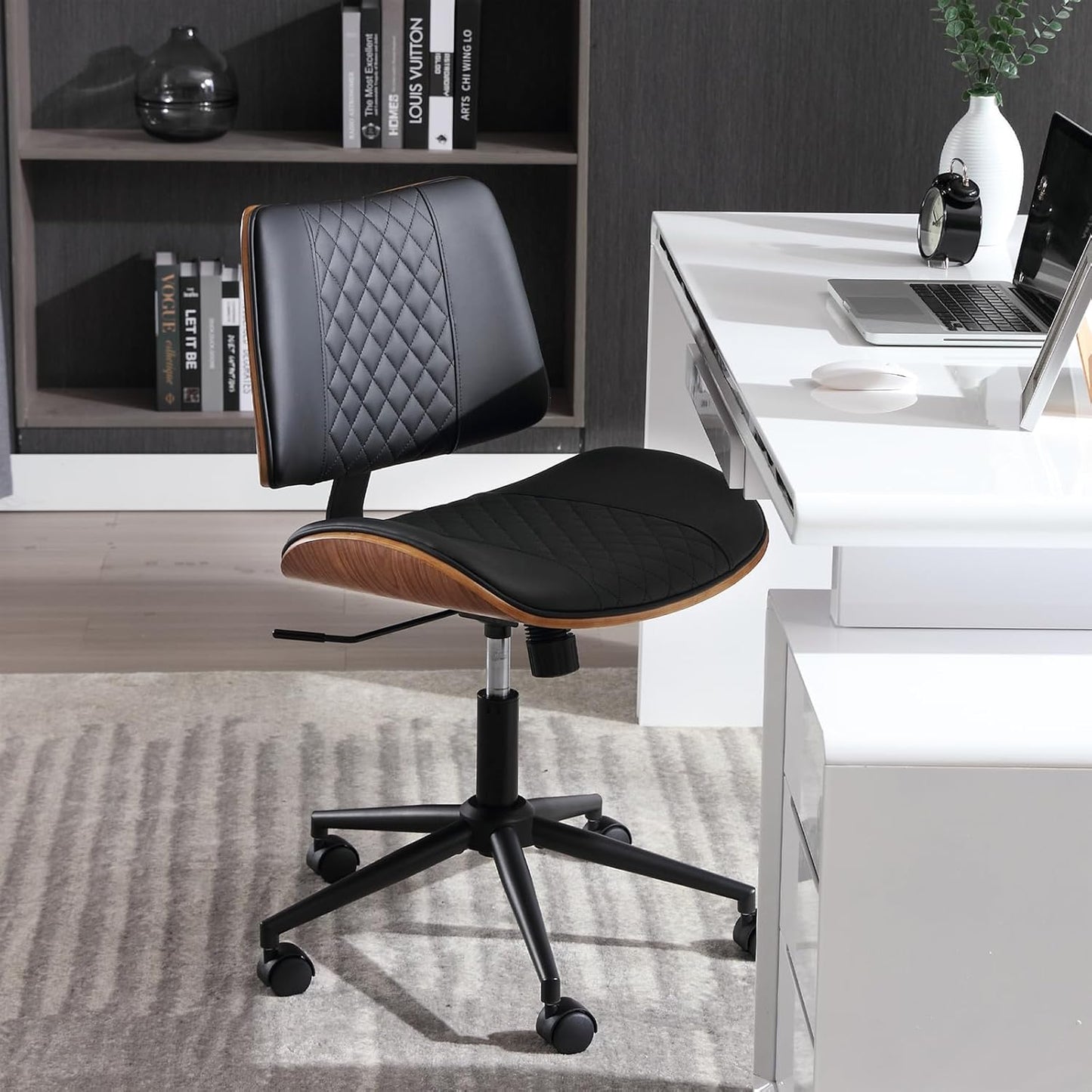 Home Office Chair No Arms with Wheels, Adjustable Height Small Desk Chair, PU Leather Mid Back 360 Swivel Computer Chair, Armless Modern Walnut Chair for Office, Reading Meeting Room(Black)