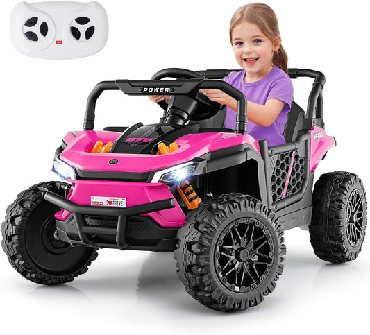 Costzon Kids UTV, 12V Battery Powered Electric Off-Road Car w/Remote Control, Sounds, Wireless Connection, 3 Speeds & 4-Wheel Suspension, Kids Ride on Truck, Gift for Boys & Girls 3+ Years Old (Pink)