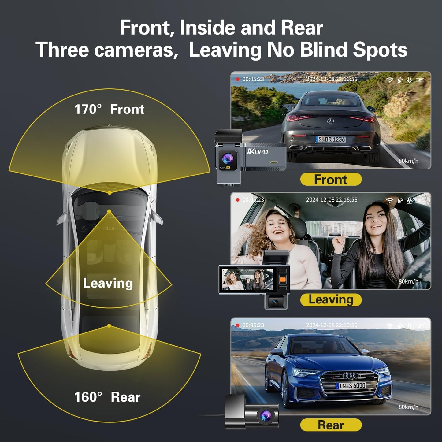 4K Dash Cam Front and Rear and Inside, UHD 2160P Night Vision 3 Channel Dash Camera for Cars, 3.16'' IPS Screen Dual Dashcam with Speed Recording, App Control,24H Parking Mode,G-Sensor