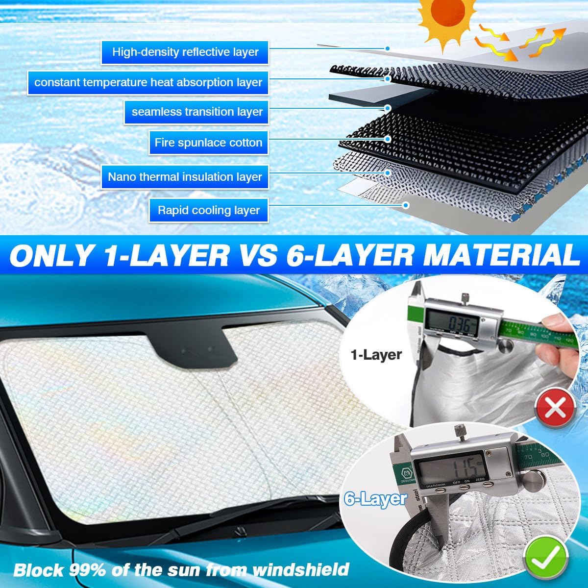 Windshield Sun Shade for 2025-2026 Toyota 4Runner Accessories Thicken 6-Layer Front Window Sunshade Cover Sun Visor Protector Foldable Block UV Rays Keep Vehicle Cool