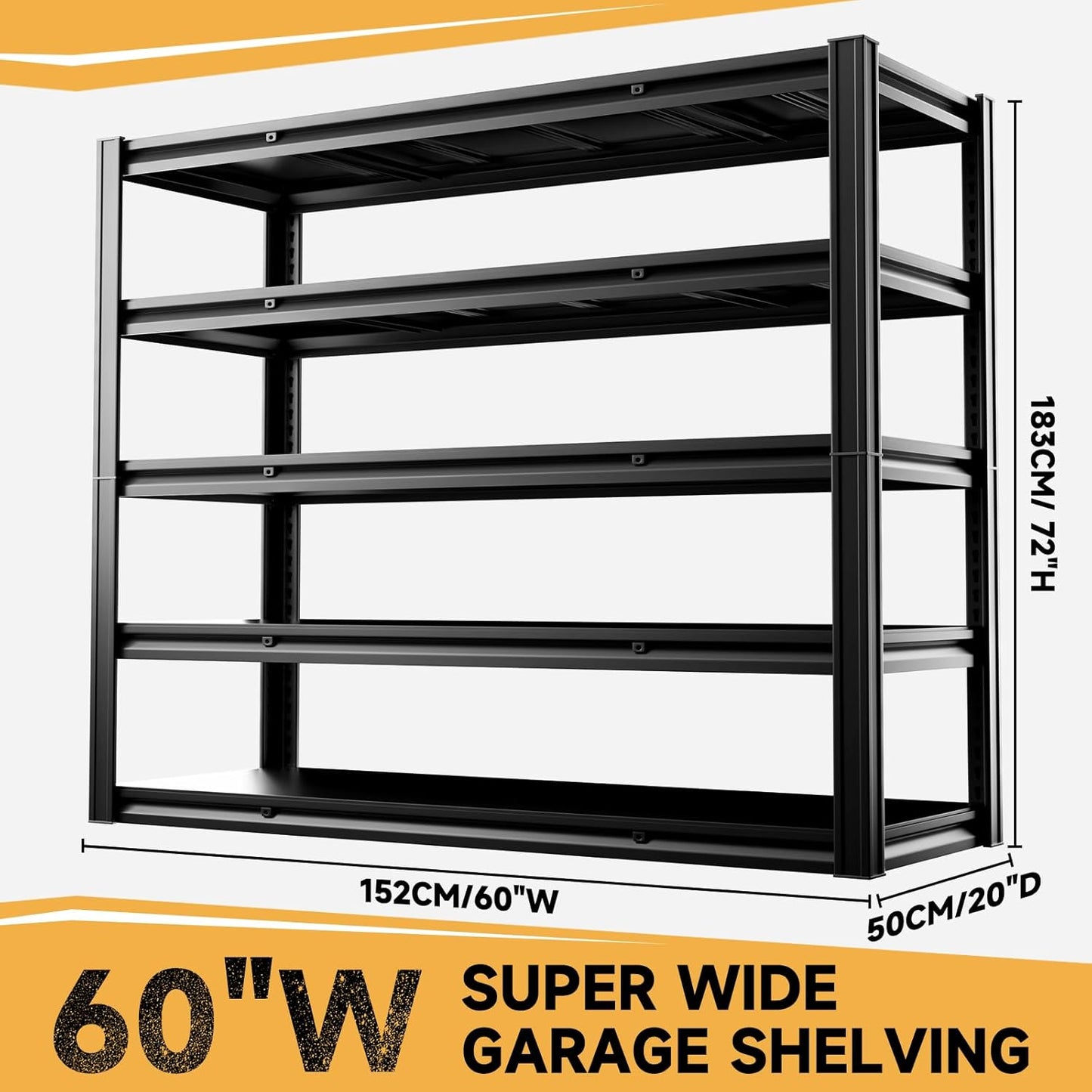 5-Tier 60" W x 20" D x 72" H Garage Shelving Metal Storage Rack 3000LBS Garage Shelving Heavy Duty Adjustable Storage Shelves Unit for Industrial Warehouse Basement Utility Shelf (Black)