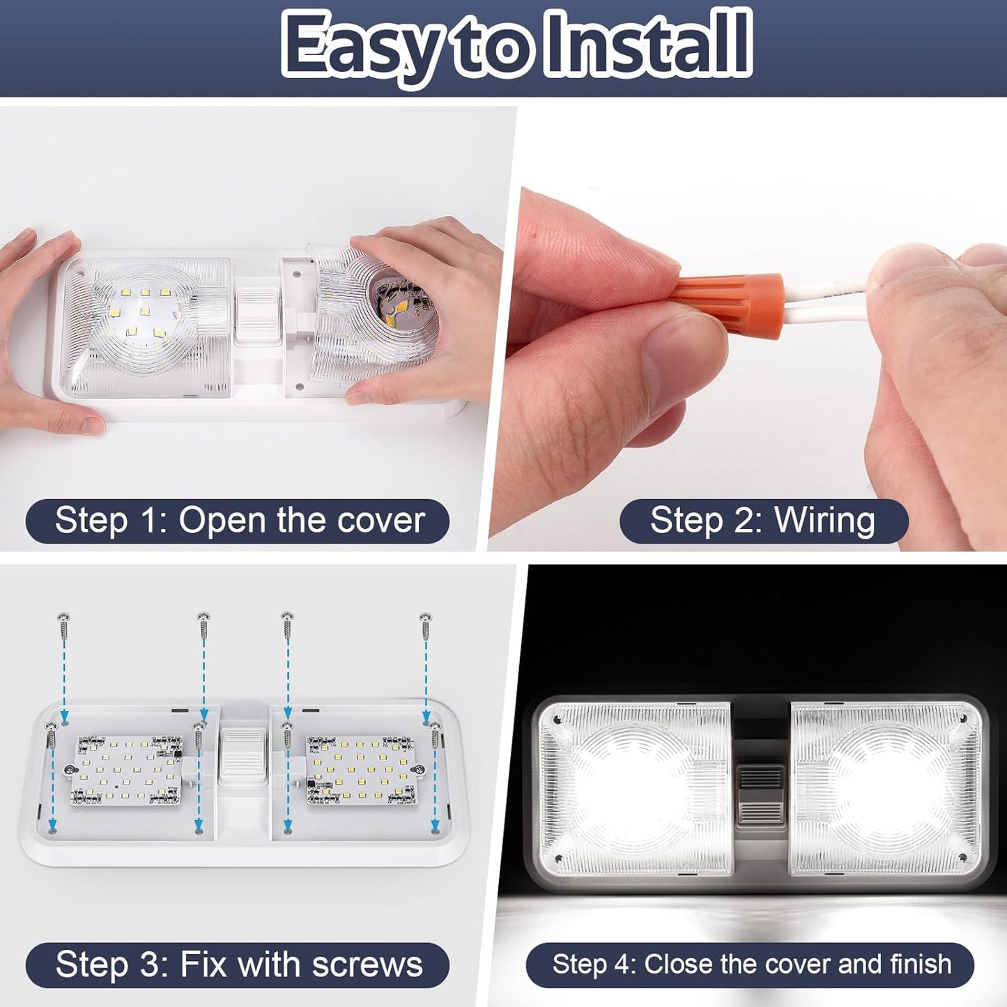 1 Pack RV Lights Interior 12V Led 8W Ceiling Double Dome Camper Light 600 Lumen Brightness Light Fixture for RV Camper Trailer Boat Car, Natural White 4000-4500K, 48 X 2835 SMD LED