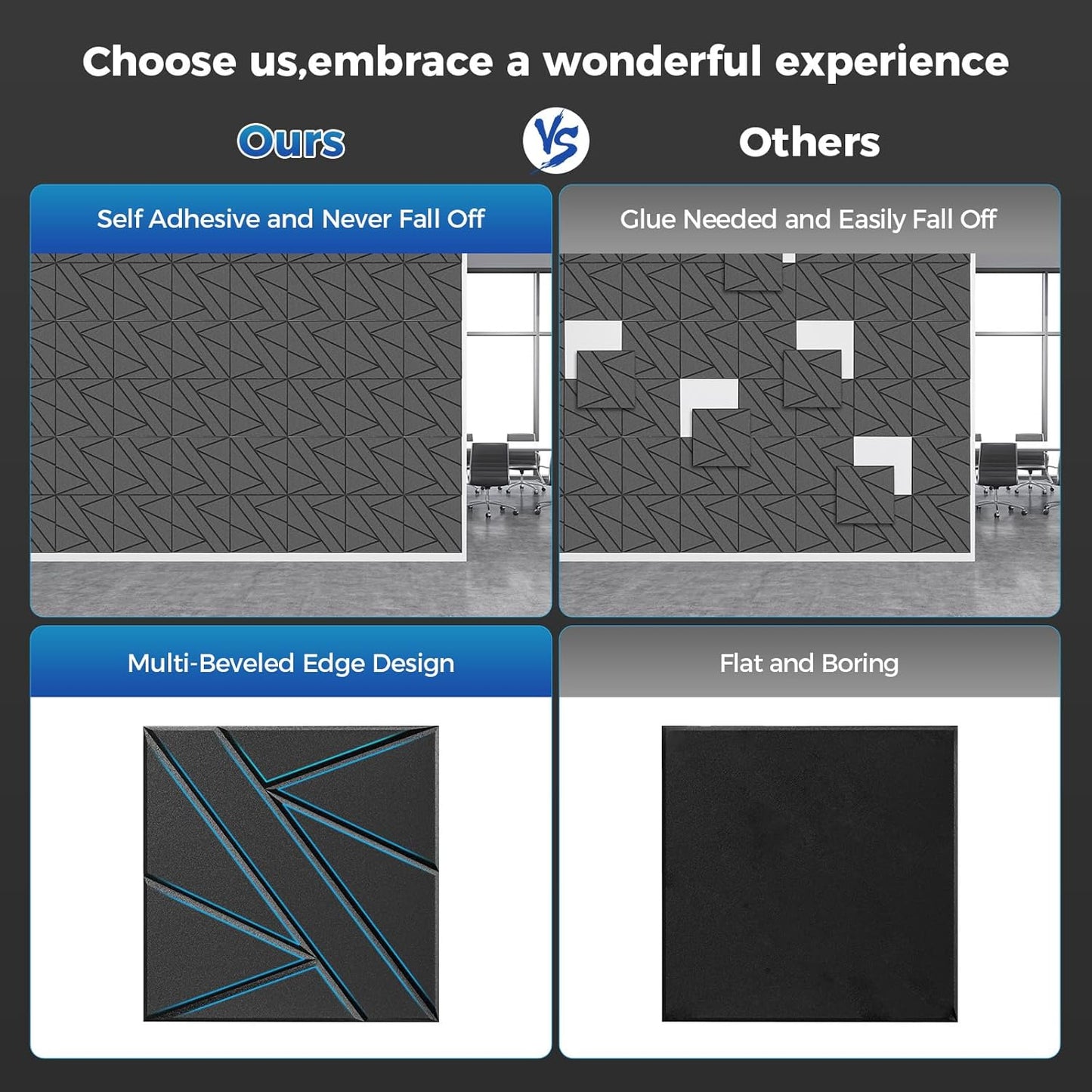 【20 Pack】 Acoustic Panels Self-Adhesive (0.4" Thick | 0.8lb/ft³ Medium Density) - 12x12 Soundproof Foam Tiles for Home Office/Wall Sound Absorption, Noise Reduction Panels Studio Use - Black