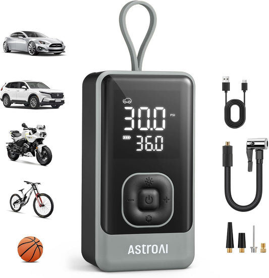 AstroAI L7 Air Tire Inflator Portable Air Compressor, 150PSI Electric Cordless Pump with Fast 1-min Inflation, Auto Shutoff, LED Light – Rechargeable for Car, SUV, Motorcycle, Bike Tires (Grey)