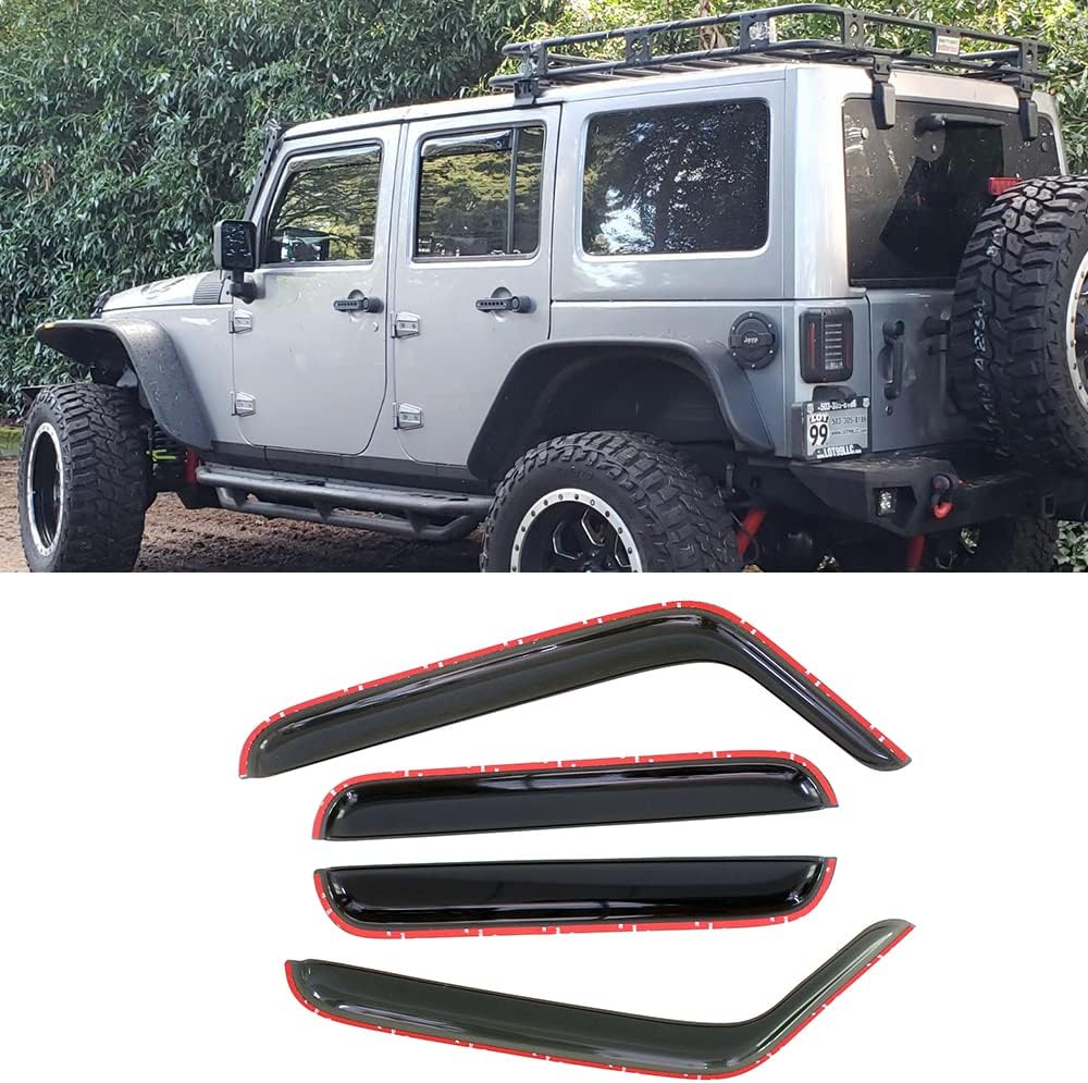 194249 Side Window Visors Wind Vent Deflector fit for 2007-2018 Jeep Wrangler 4-Door (JK),4pc in-Channel Style Dark Smoke Nice Looking Sun Rain Guards Set