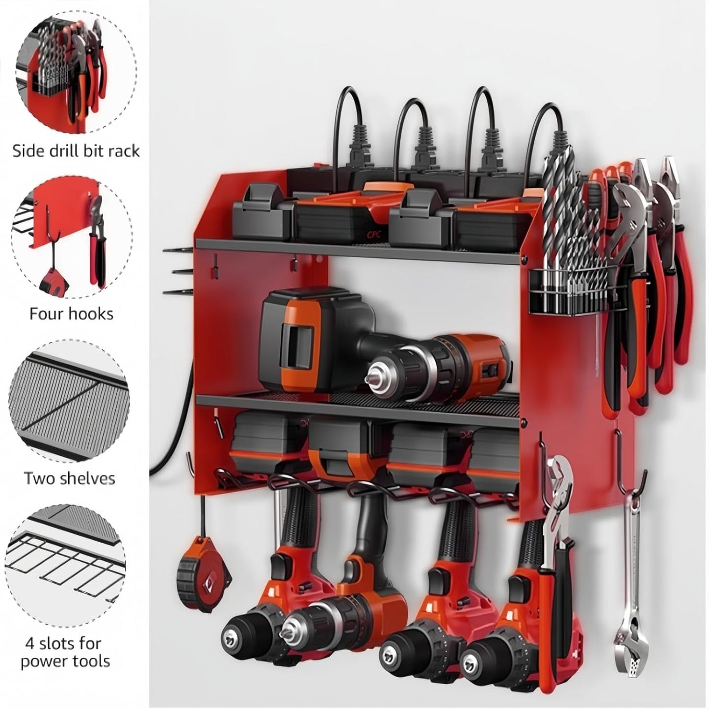 Power Tool Storage Rack, Garage Wall Mount Tool Rack, 4 Drill Bit Holders with Hooks, Screwdriver, Drill Bit Heavy Duty Holder, Tool Battery Holder, Built-in 8-Outlet Power Strip