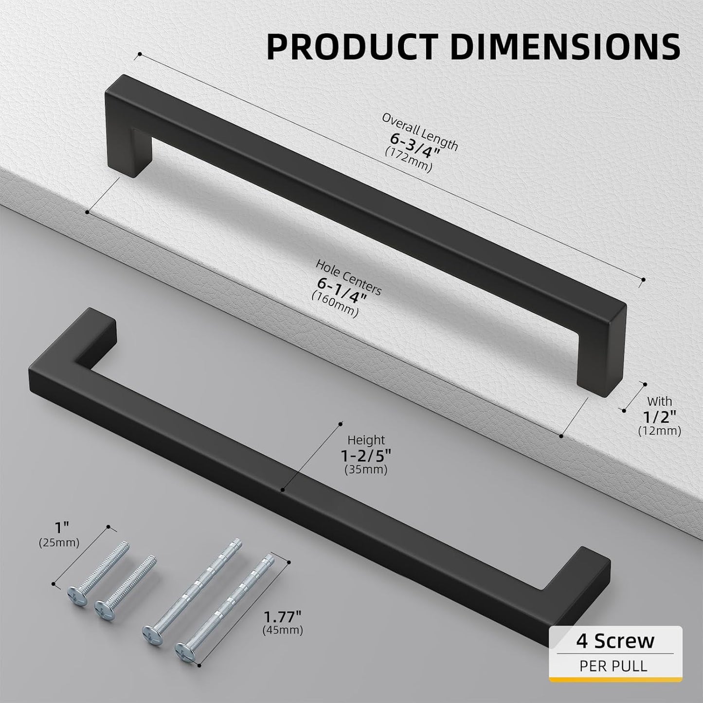 goldenwarm 200 Pack 6-1/4INCH Black Square Bar Cabinet Pull Drawer Handle Stainless Steel Modern Hardware for Kitchen and Bathroom Cabinets Cupboard,Center to Center 160mm Kitchen Cupboard Handles