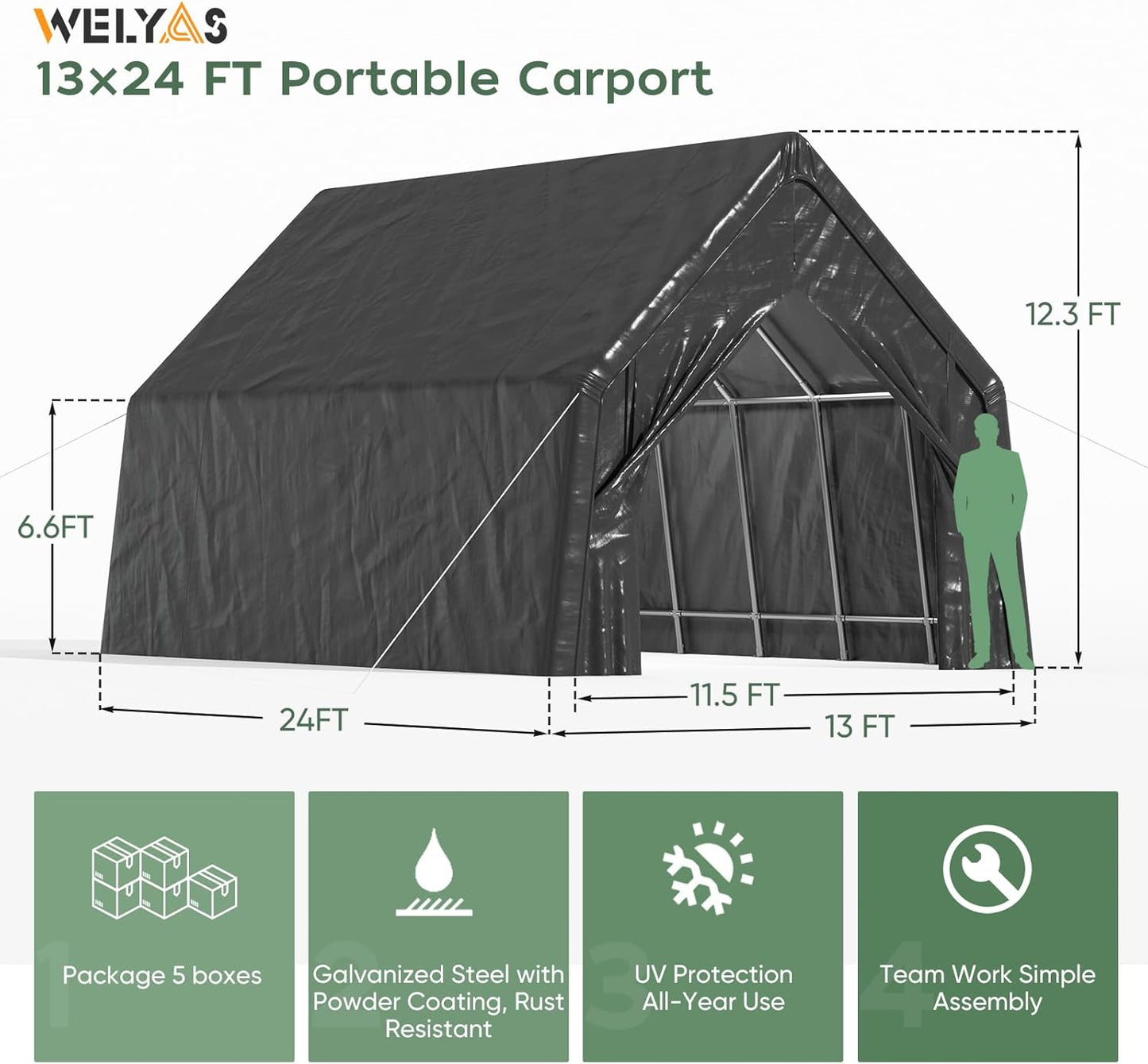 13 x 24 FT Carport, Heavy Duty Car Port Outdoor UV Garage with 2 Roll up Doors, Waterproof Carport Canopy Multi-Functional Shelter for RV, SUV,Truck, Boat, Motorcycle Bike