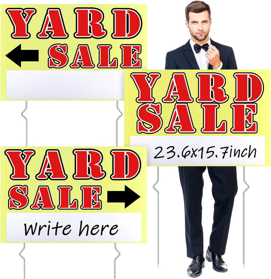 Marsui 3 Pcs Yard Sale Sign 23.6 x 15.7 Inch Double Sided Yard Sale Sign with Metal Stake and Directional Arrow for Outdoor
