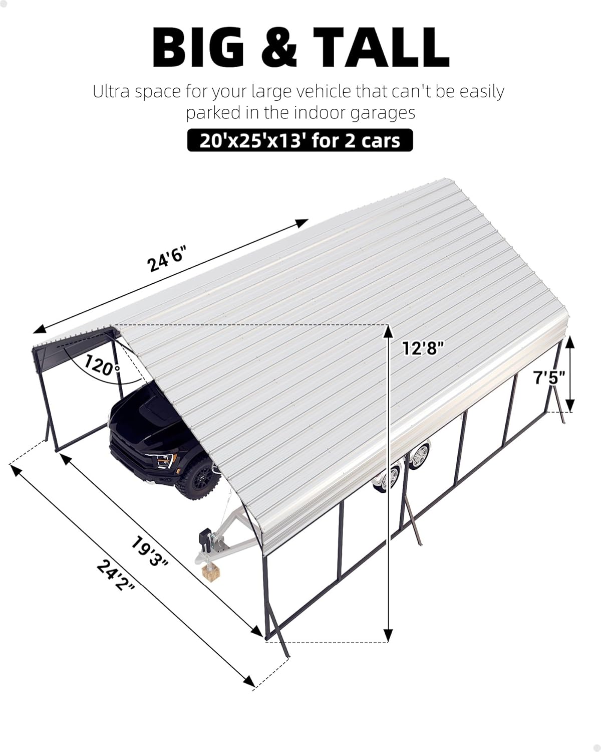 20'x25'x13' Metal Carport for 2 Cars, Heavy Duty Car Ports for Heavy Snow, Reinforced Frame, Tall Metal Car Ports for Bass Boats, Full-Sized Pickup Trucks, and Tractors, N.W. 980 Lbs