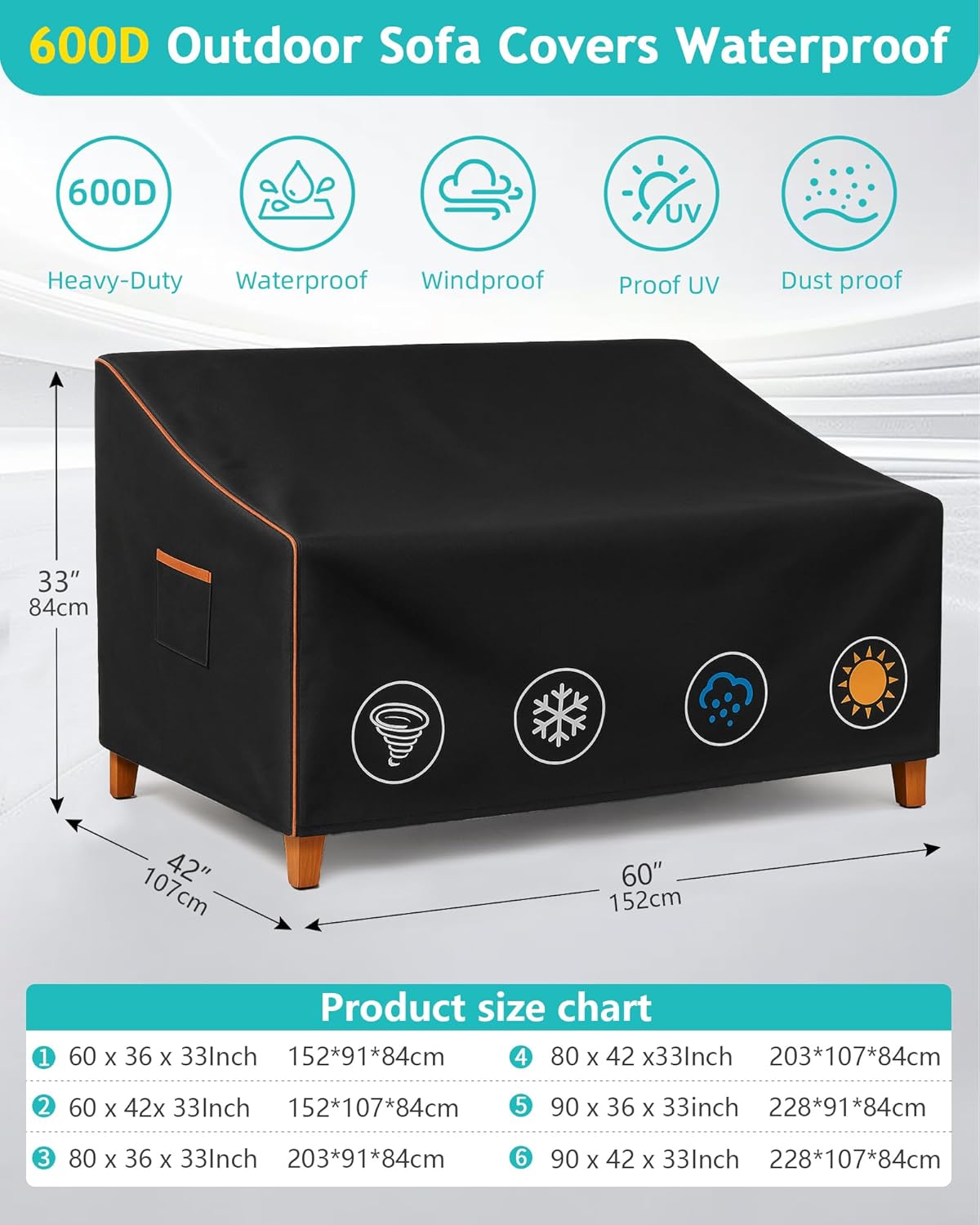Outdoor Sofa Cover, Waterproof Patio Furniture Cover 60W x 42D x 33H inches Heavy Duty 600D Oxford Fabric Black