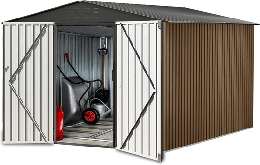 8X12FT Outdoor Metal Storage Shed, Lockable Weatherproof Garden Shed for Tools & Equipment, Durable Galvanized Steel with Sloping Roof & Ventilation, Ideal for Backyard, Patio & Garage Storage, Brown