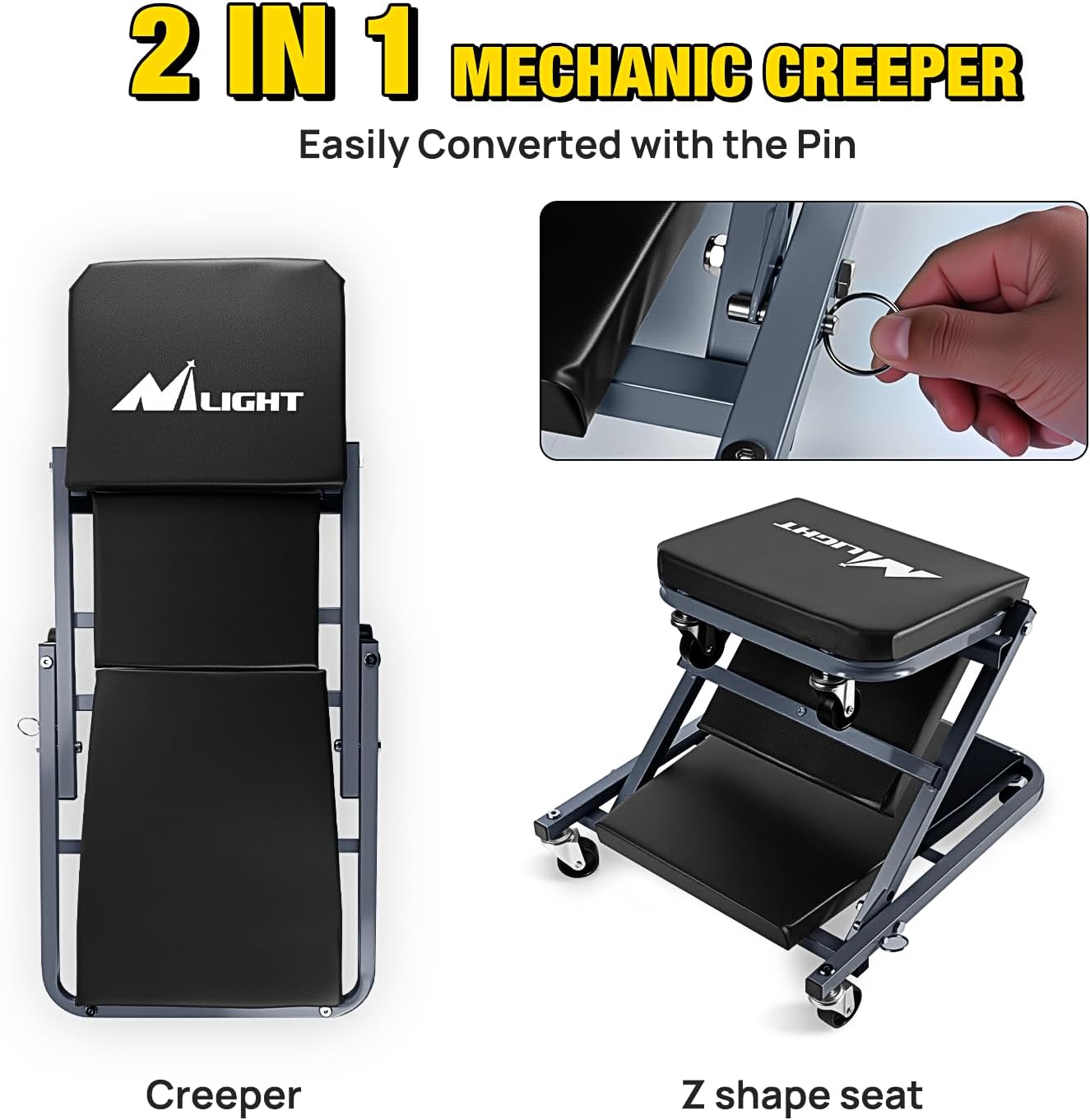 Nilight 36" Z Creeper - 2-in-1 Folding Rolling Mechanic Seat, 36 inches Adjustable Lay-Down or Sit Garage Chair, 300 lbs Capacity, Grey Black