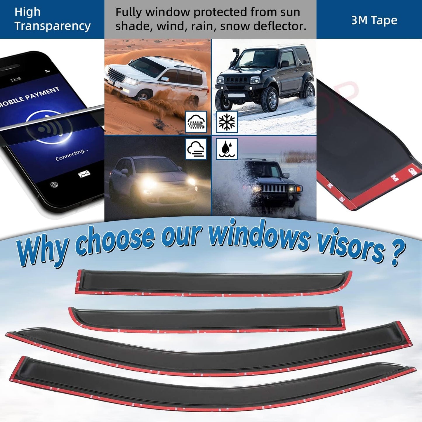 Window Visors Compatible with 2015-2022 Chevy Colorado/GMC Canyon Crew Cab with 4 Full Size Doors Front+Rear Smoke Tint Sun/Rain Guard Outside Mount Tape-On Vent 4pcs