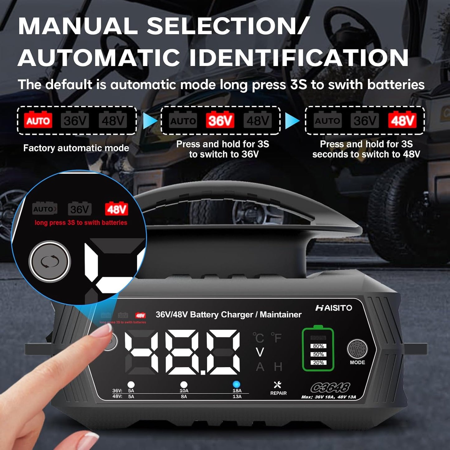 Golf cart Battery Charger, 36V 18A and 48V 13A Trickle Battery Charger,36 Volt Golf Cart Charger,for Club Car,EZGO & Yamaha,Lithium,LiFePO4,Lead-Acid AGM/Gel/SLA..BatteryCharger,Crowfoot Plug