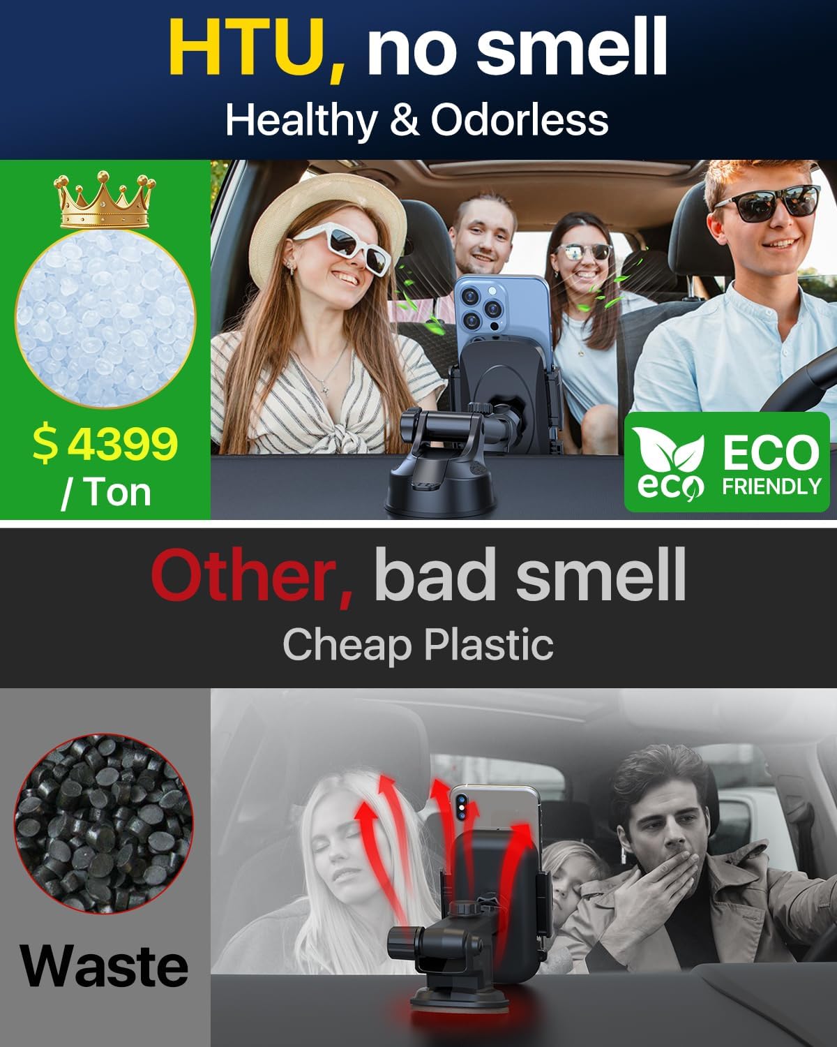 HTU [True Military-Grade] 2025 Upgraded Car Phone Holder 【Safety Certs & No Smell】 Cell Phone Holder for Car Mount for Dashboard Windshield Air Vent Long Arm Thick Case,Green