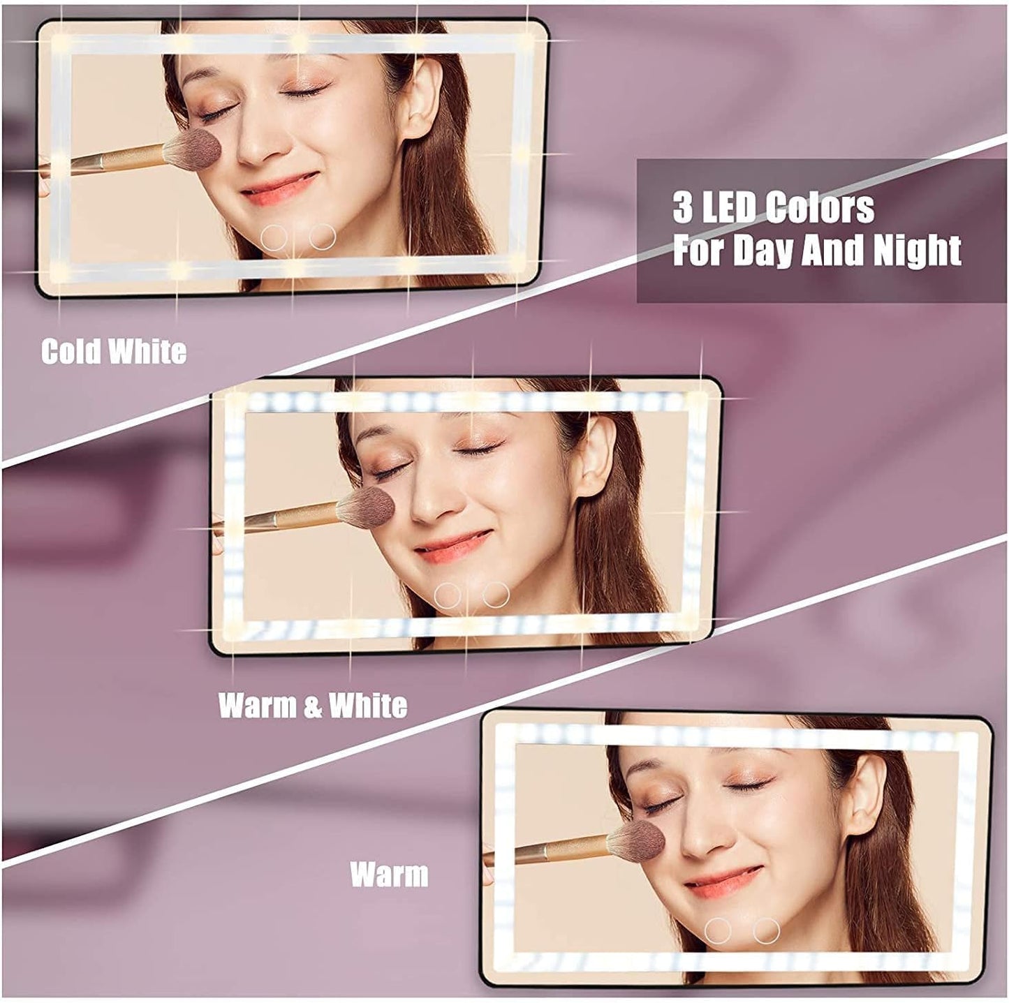 Car Vanity Mirror, with 3 Light Modes & 60 LEDs - Rechargeable Dimmable Clip-on Rear View Sun-Shading Cosmetic Makeup Mirror, Universal for Car SUV (White, 2 Pack)