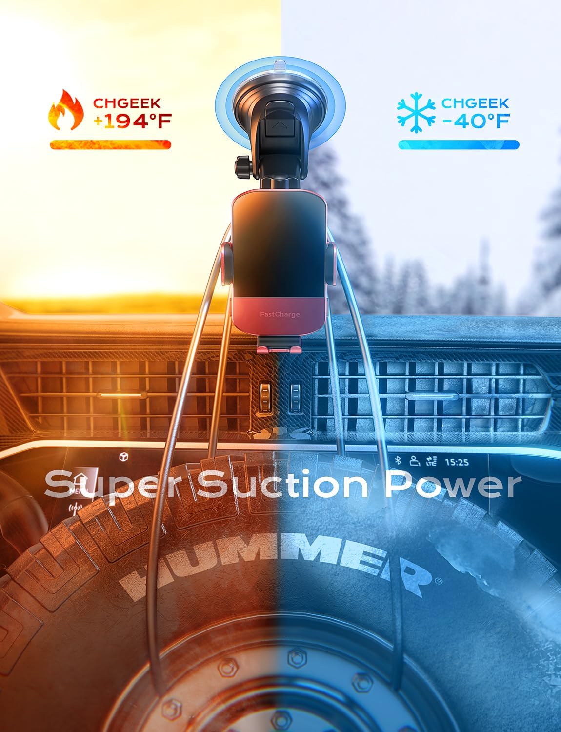 CHGeek Wireless Car Charger, 15W Fast Charging Auto Clamping Car Charger Phone Mount Phone Holder fit for iPhone 15 14 13 12 11 Pro Max Xs, Samsung Galaxy S25 Ultra S24 S23 S22, S21, S20, Red