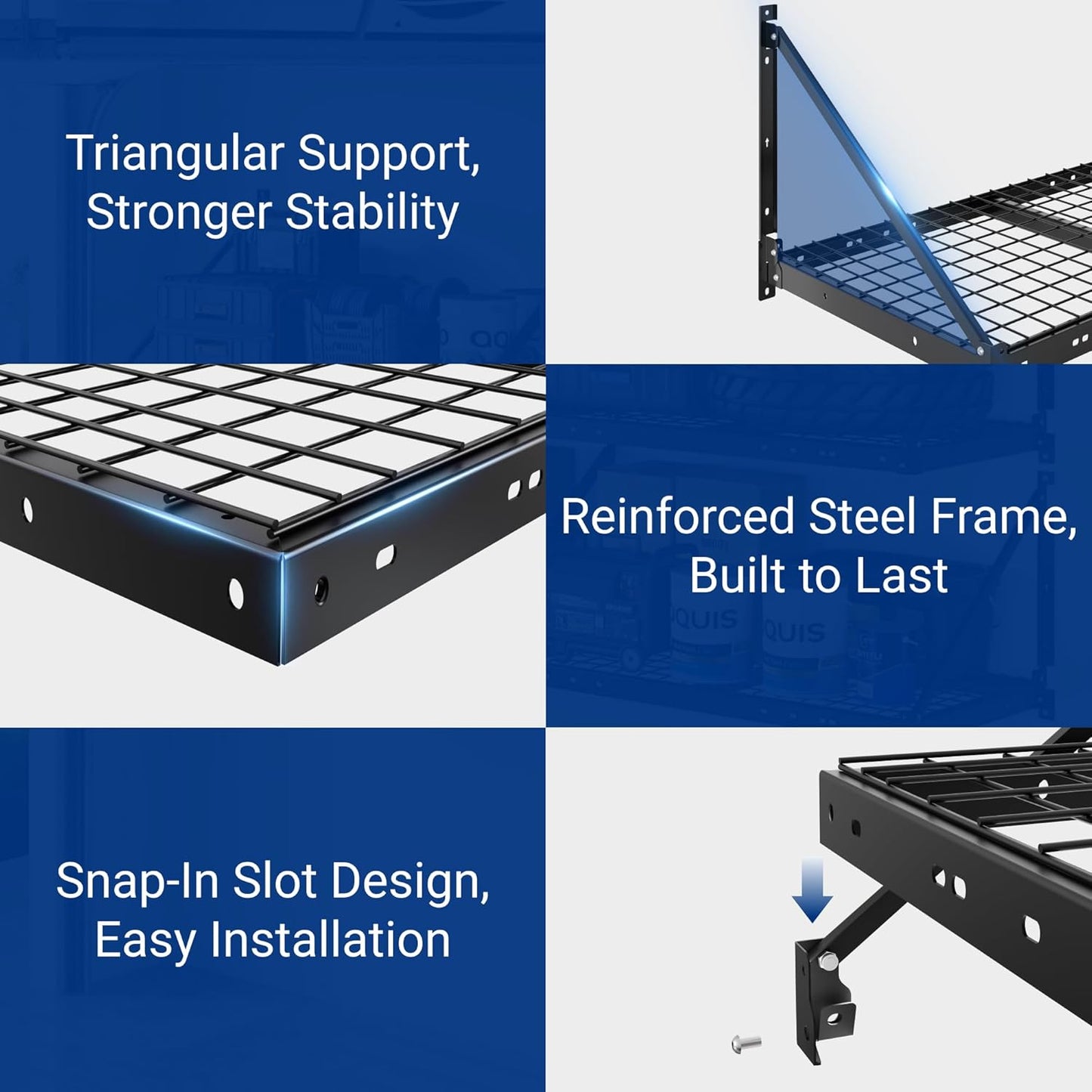 FLEXIMOUNTS 4-Pack 2x4ft Garage Wall Shelving - Heavy Duty Garage Storage System, 880 lbs Load Capacity with Brace Guardrail, Organization for Tools, Heavy Bins, Sports Equipment, Utility Room
