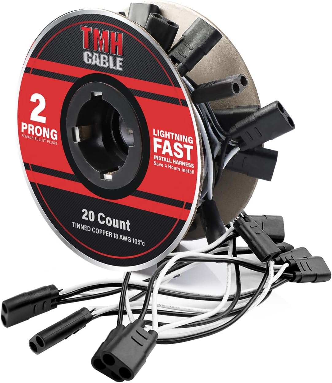 TMH 20 Count 2-Prong Wire Harness Roll Double Female Bullet Plug 18 Gauge - 6.5" Spacing for LED Marker Clearance Lights Hassle-Free Installation