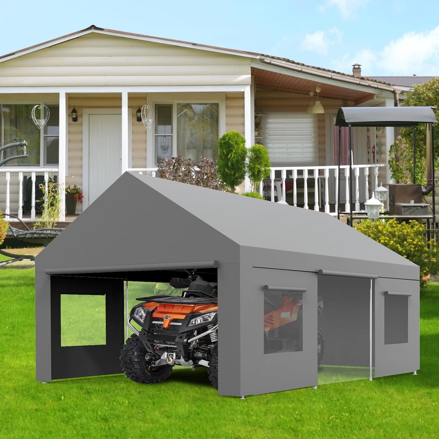 13x20 FT Heavy Duty Carport, Oversized Portable Garage with 4 Doors & 4 Windows, Reinforced Frame, All Weather Protection Outdoor Shelter Canopy for Cars, Boats, Trucks, BBQ and Outdoor Gatherings
