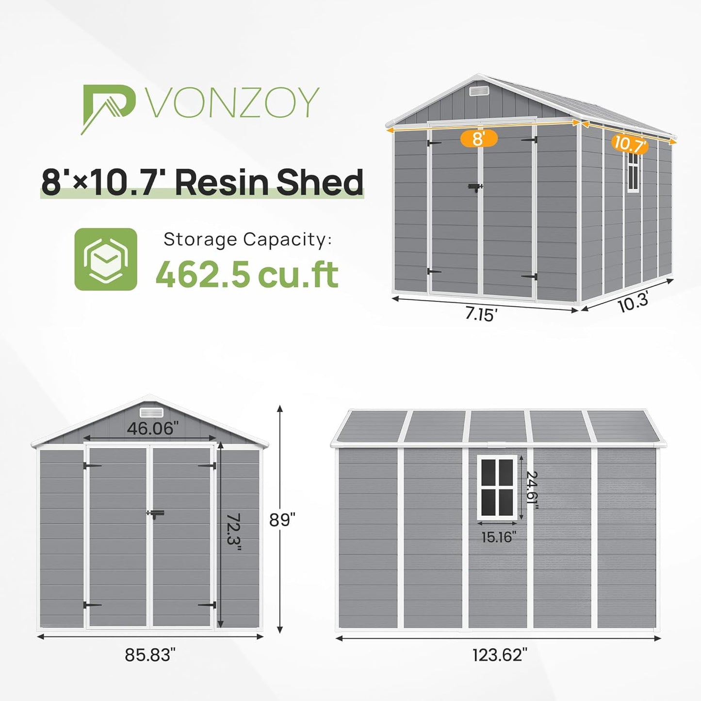 Resin Outdoor Storage Shed with Floor, 8x10.5 FT Plastic Garden Shed with Lockable Door & Window for Bike, Garbage Can, Lawn Mower, Grey White