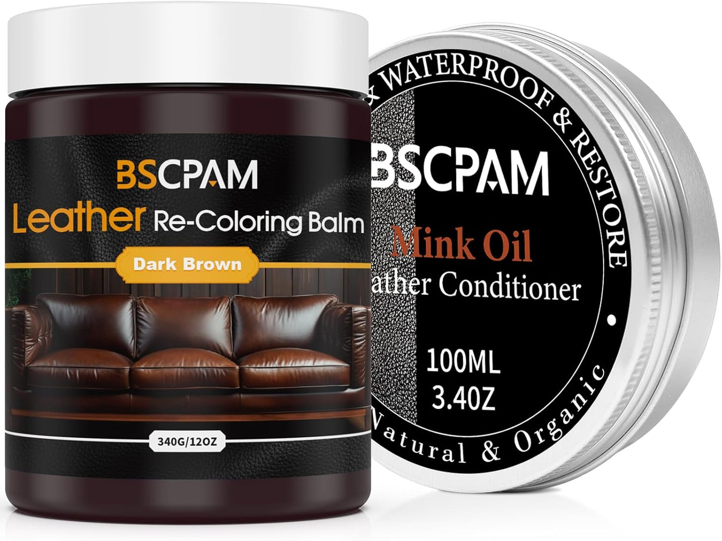 12oz Leather Recoloring Balm & 3.4oz Mink Oil Leather Conditioner kit,Dark Brown Leather Color Repair Kits for Couches, Leather Couch Paint Scratch Repair for Furniture Car Sofa Shoes Leather Dye